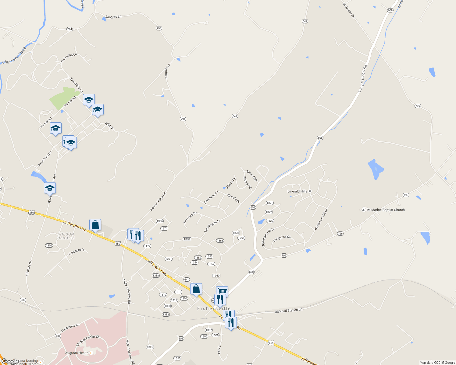 map of restaurants, bars, coffee shops, grocery stores, and more near 27 Abbey Court in Fishersville