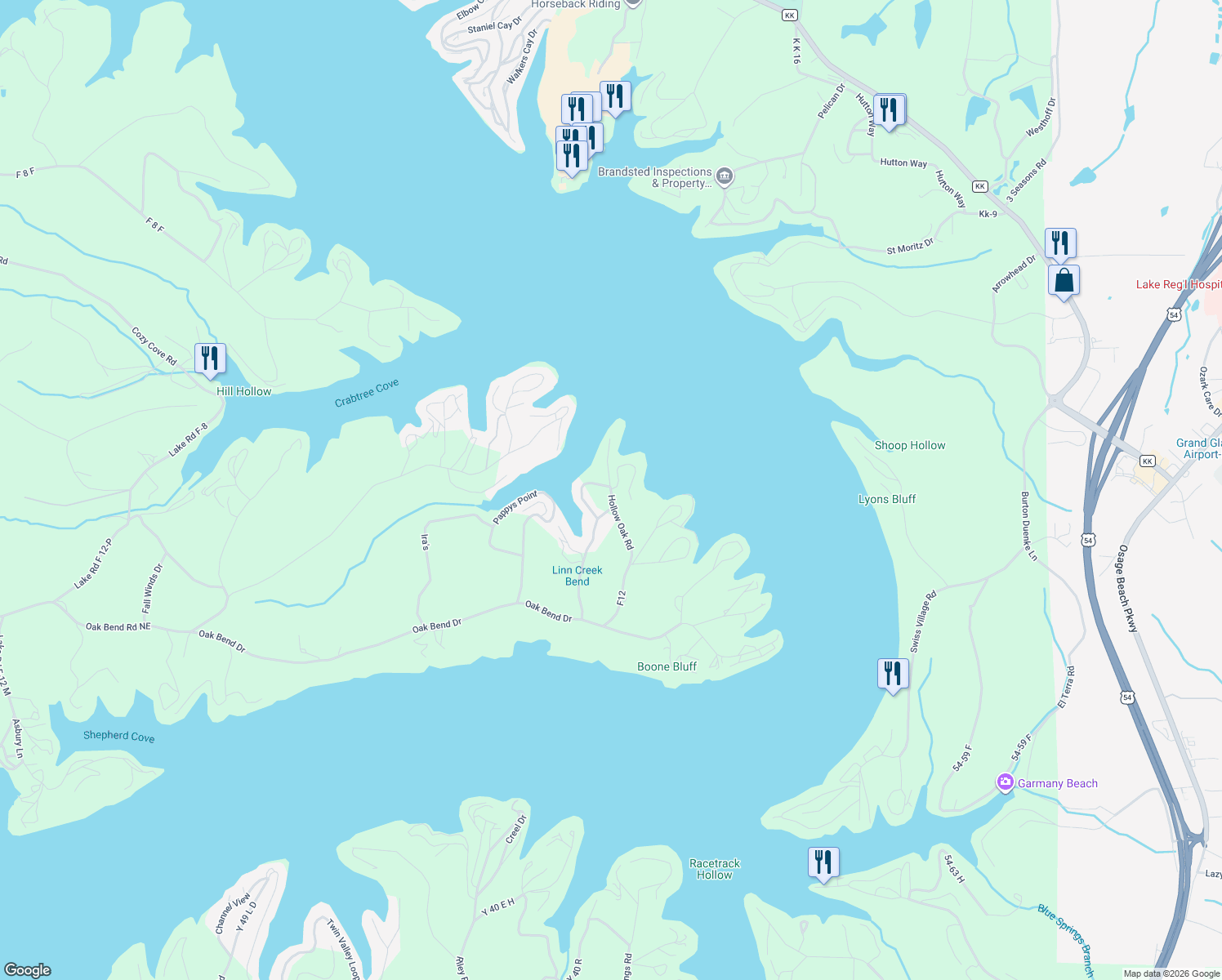 map of restaurants, bars, coffee shops, grocery stores, and more near 301 Hollow Oak Road in Sunrise Beach