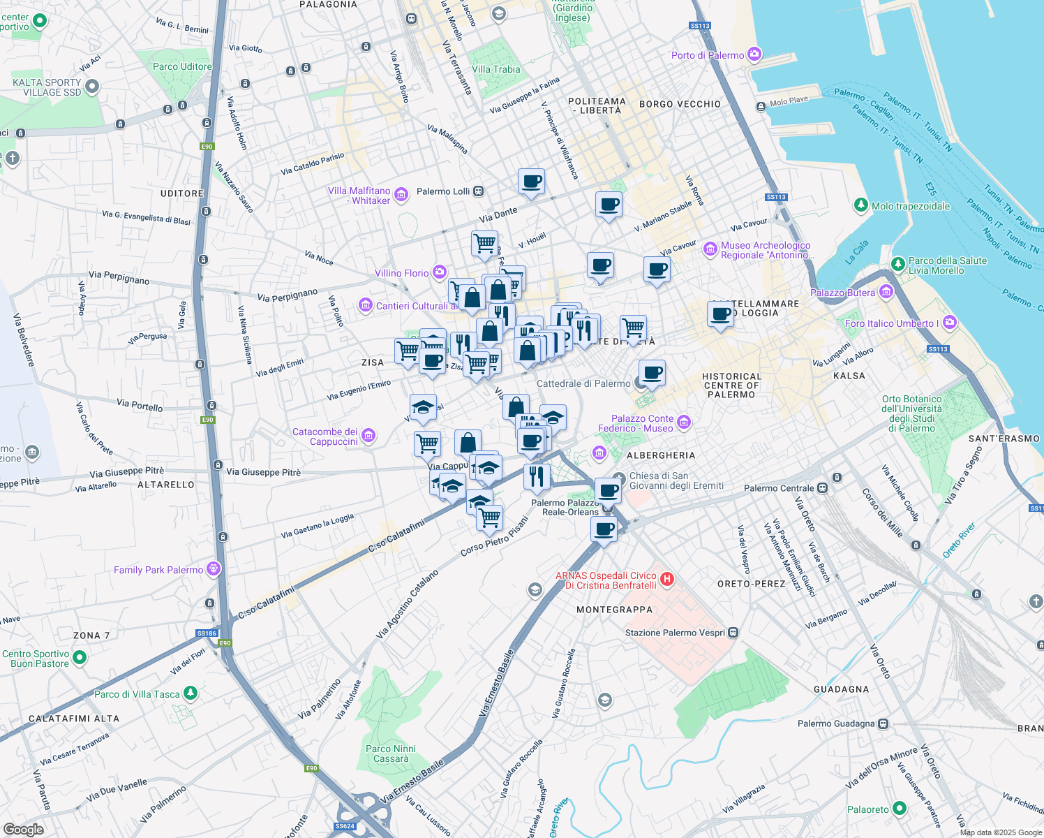map of restaurants, bars, coffee shops, grocery stores, and more near 2 Via Padre Cangemi in Palermo