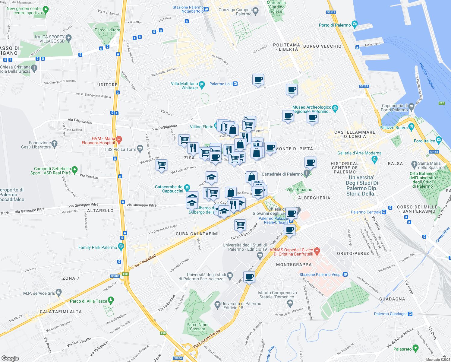 map of restaurants, bars, coffee shops, grocery stores, and more near 103 Via San de Perche in Palermo