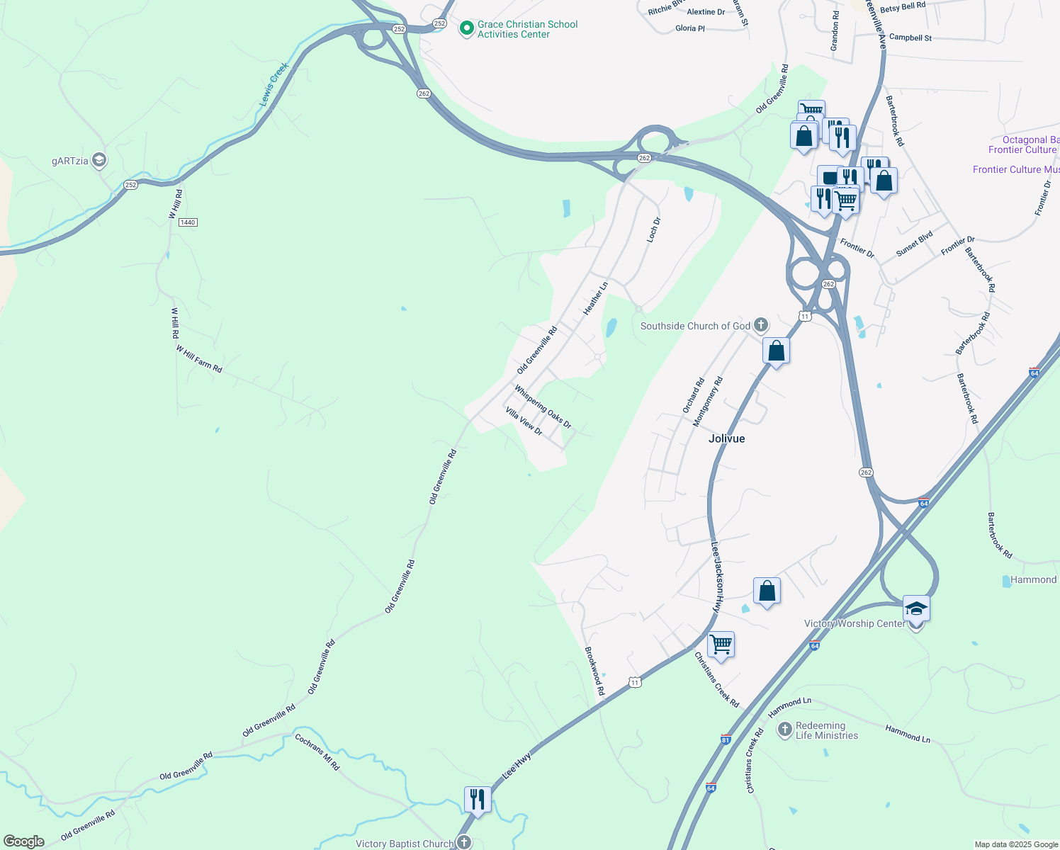 map of restaurants, bars, coffee shops, grocery stores, and more near 95 Villa View Dr in Staunton