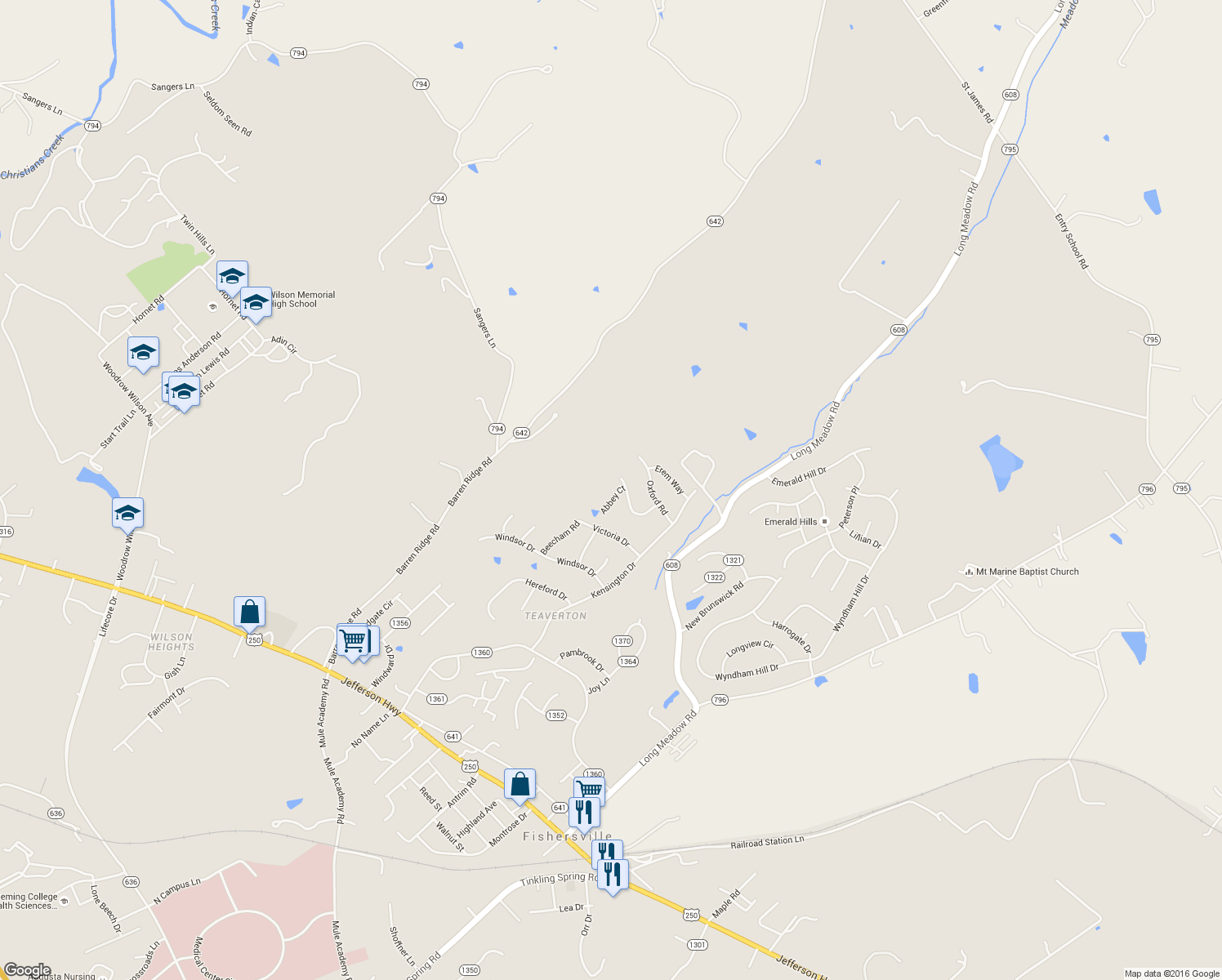 map of restaurants, bars, coffee shops, grocery stores, and more near 15 Abbey Court in Fishersville