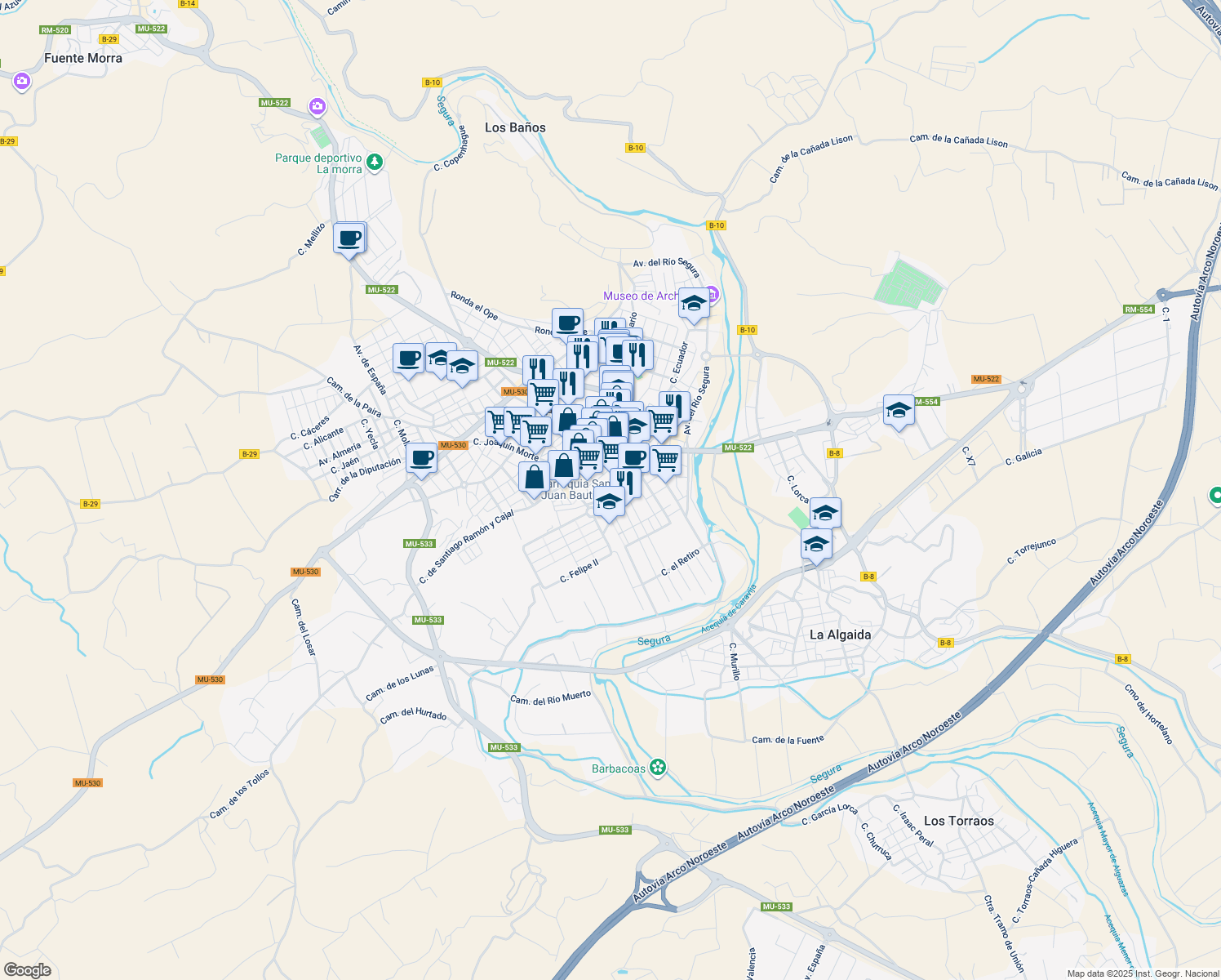 map of restaurants, bars, coffee shops, grocery stores, and more near 36 Calle Pintor Medina Vera in Archena