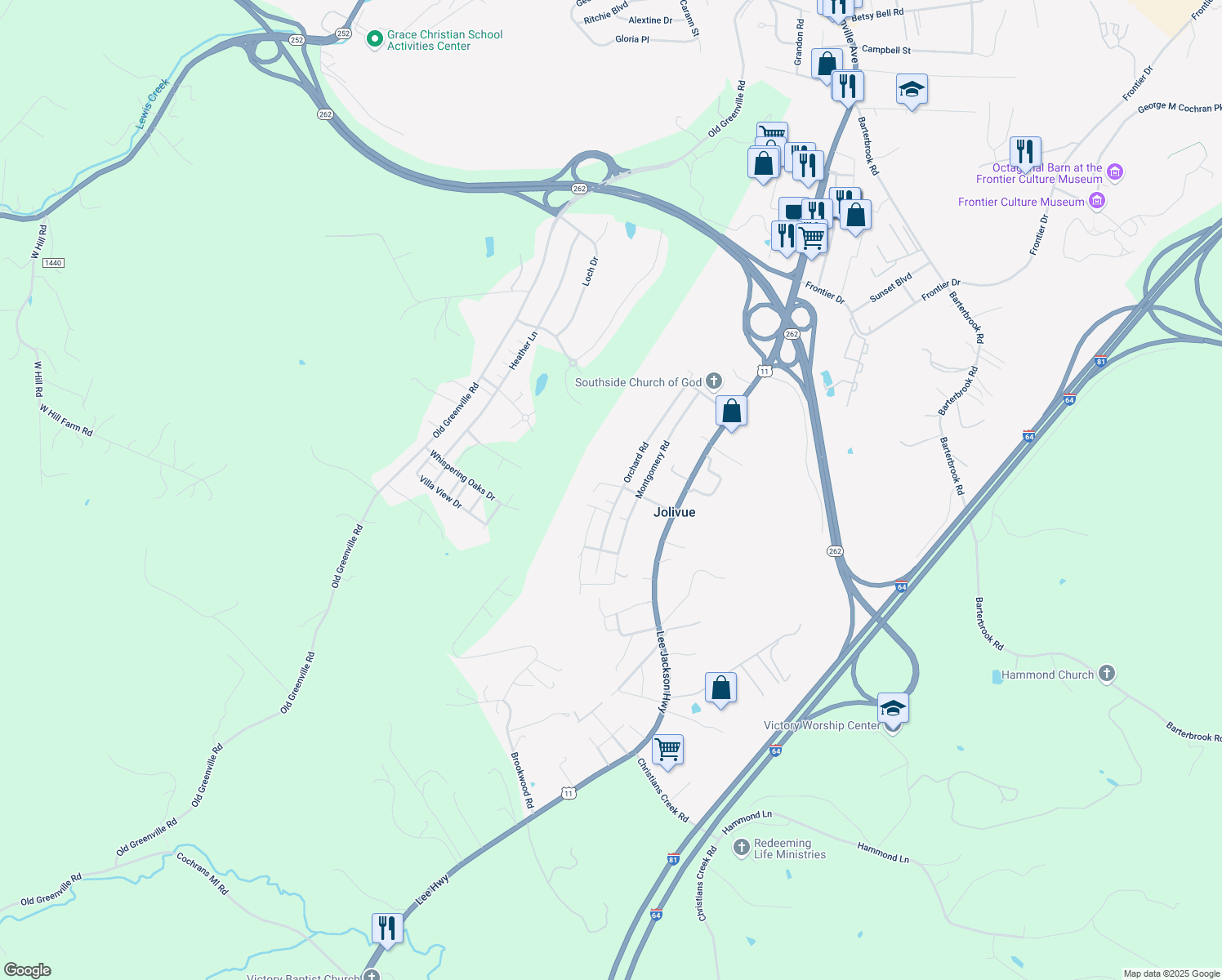 map of restaurants, bars, coffee shops, grocery stores, and more near 149 Orchard Rd in Staunton