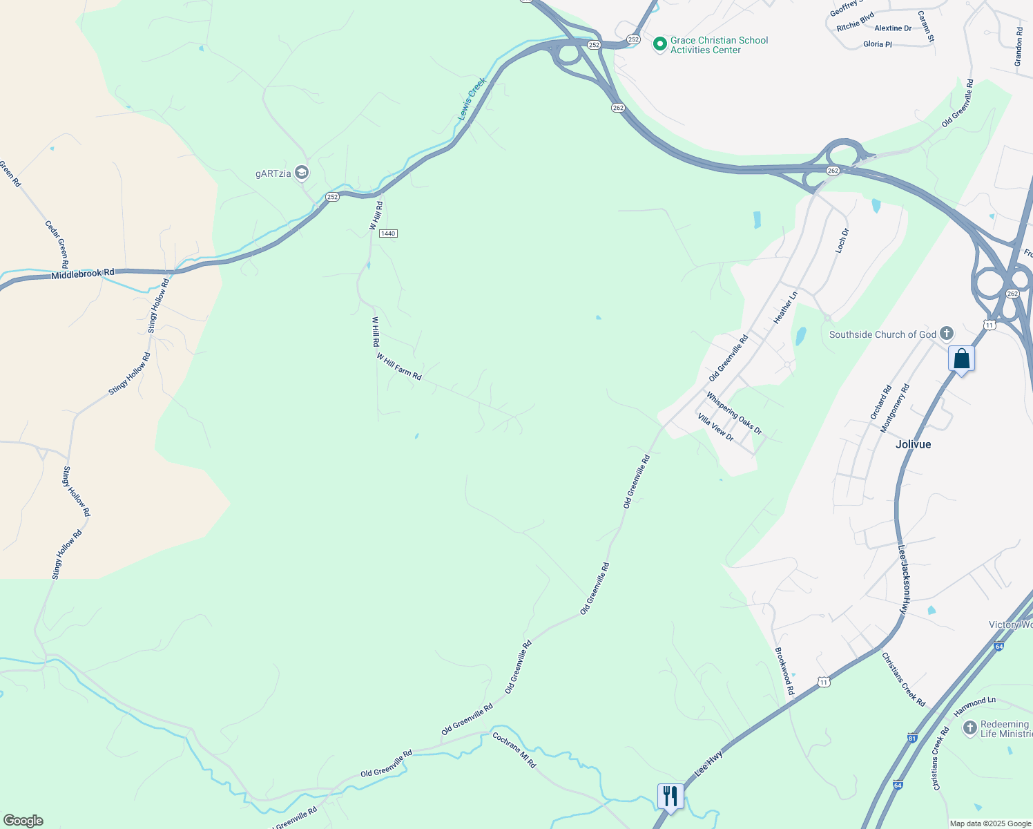map of restaurants, bars, coffee shops, grocery stores, and more near 206 West Hill Farm Road in Staunton