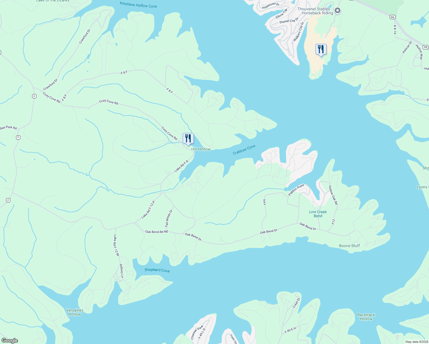 map of restaurants, bars, coffee shops, grocery stores, and more near Oak Bend Road in Sunrise Beach