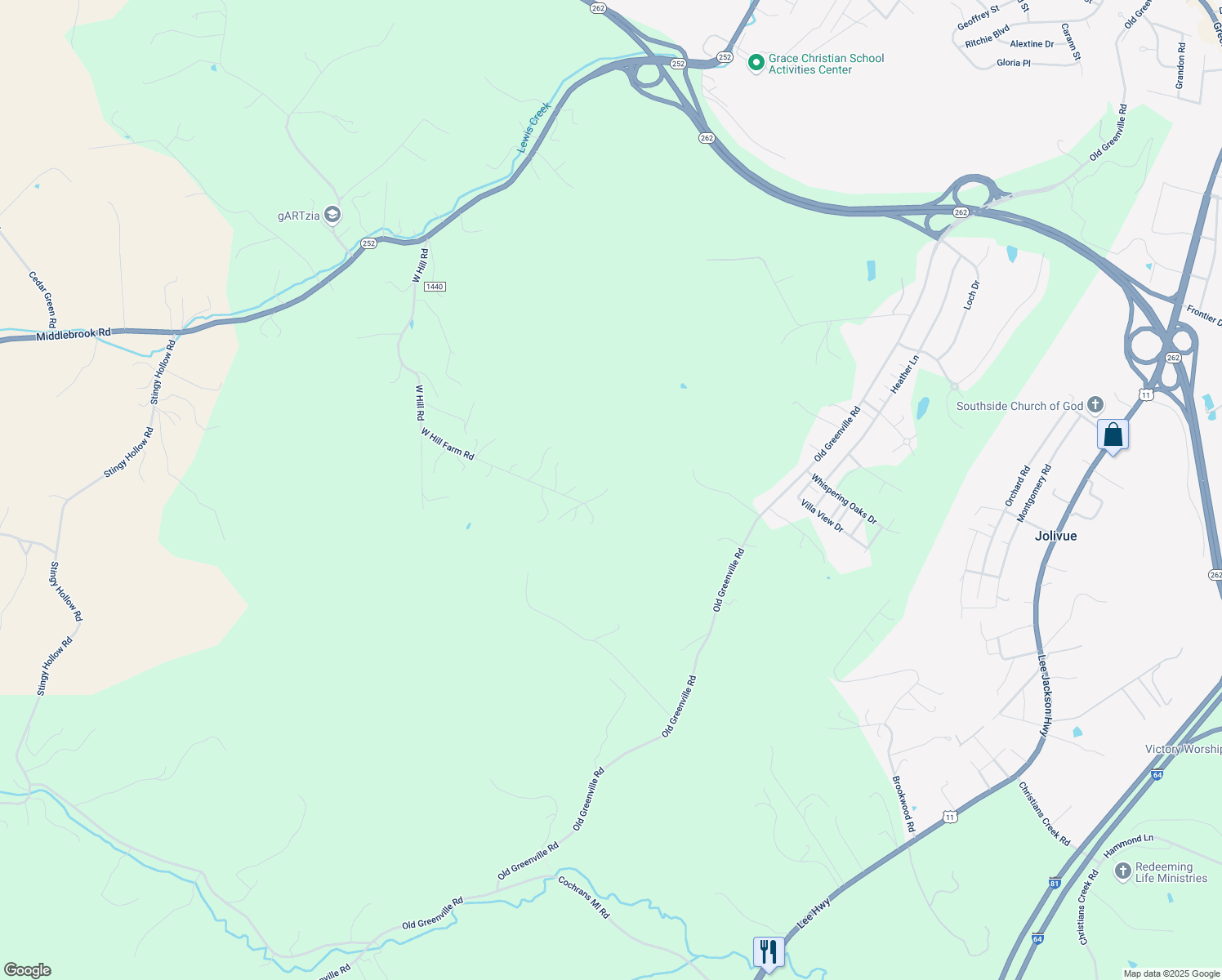 map of restaurants, bars, coffee shops, grocery stores, and more near 206 West Hill Farm Road in Staunton