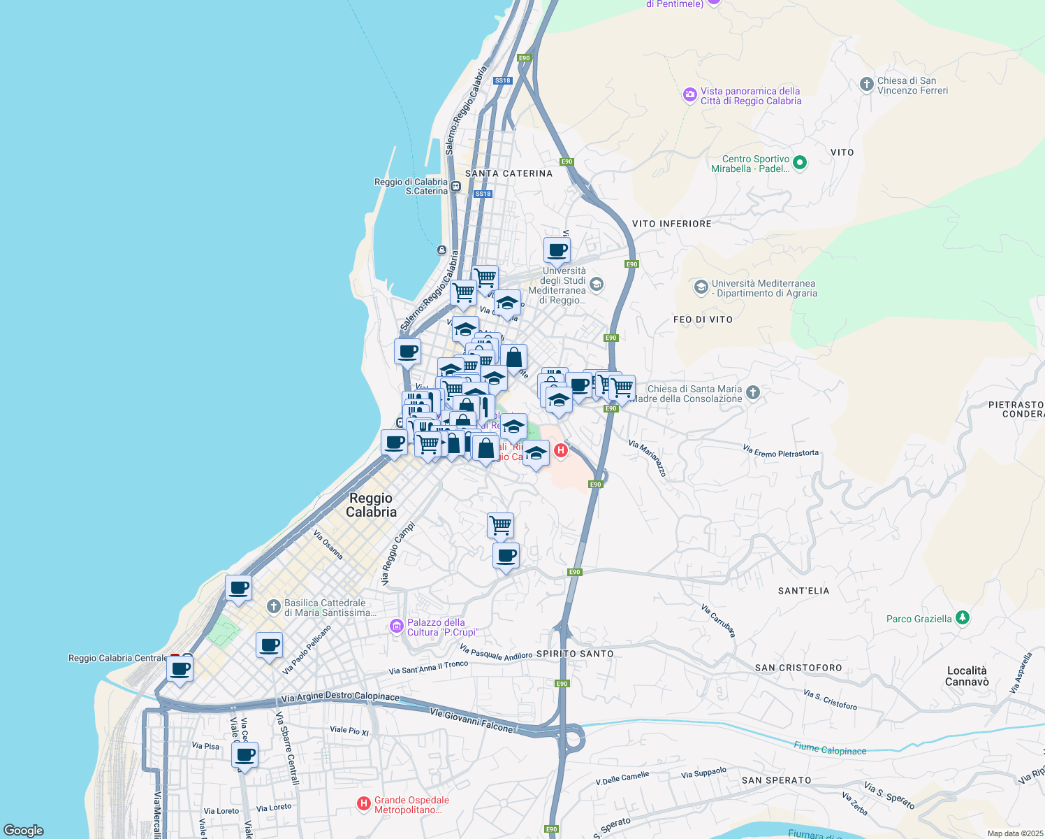 map of restaurants, bars, coffee shops, grocery stores, and more near 6 Via Villa Aurora in Reggio Calabria