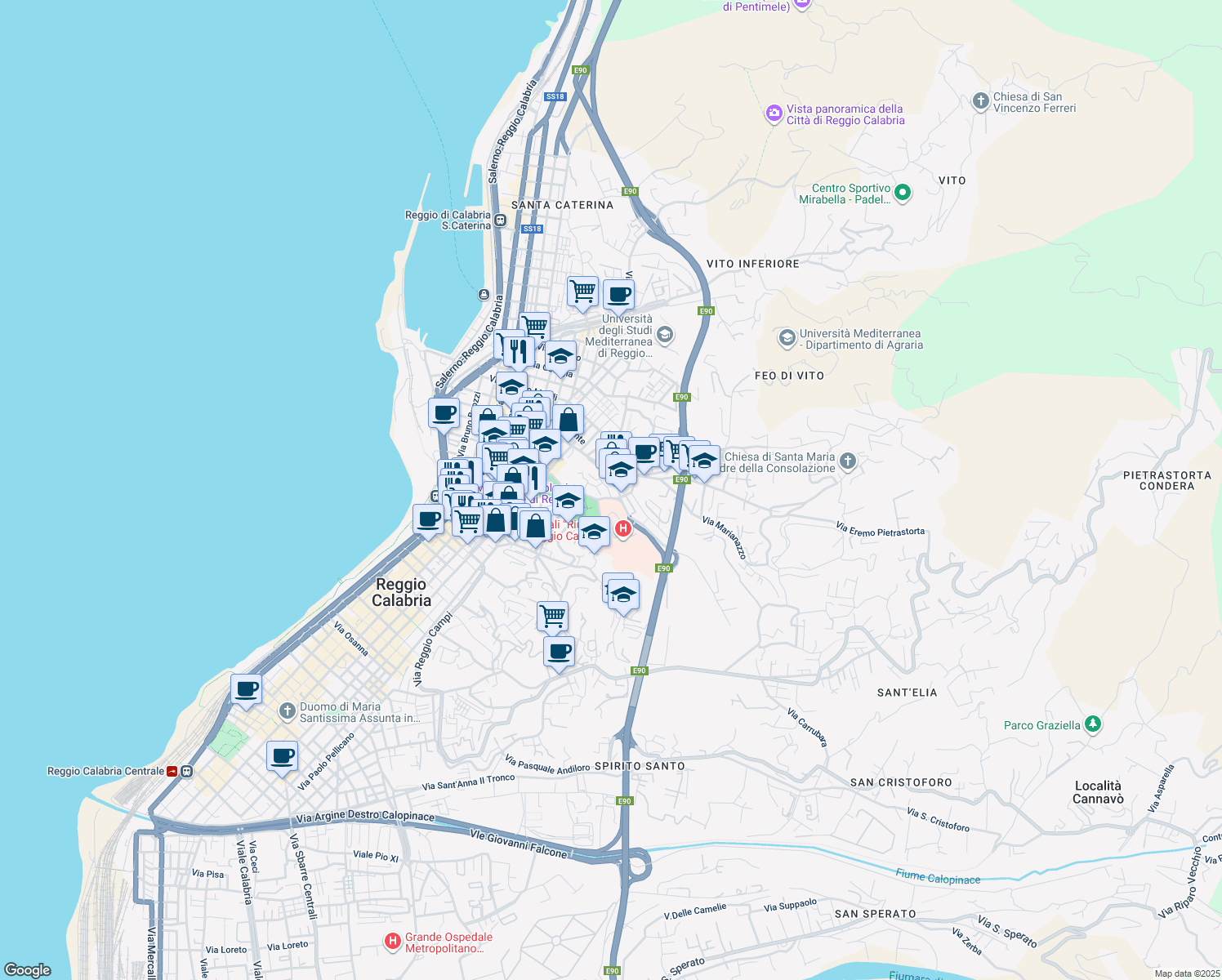 map of restaurants, bars, coffee shops, grocery stores, and more near 10 Via Vallone Petrara in Reggio Calabria