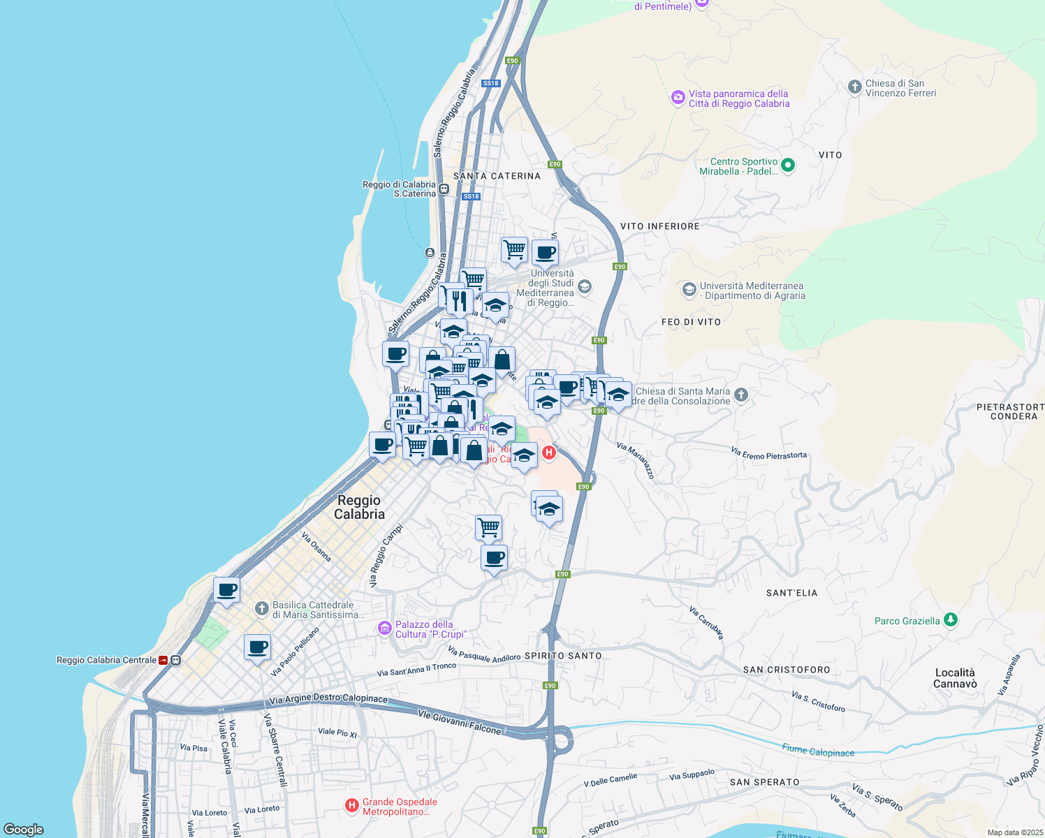 map of restaurants, bars, coffee shops, grocery stores, and more near 6 Via Villa Aurora in Reggio Calabria