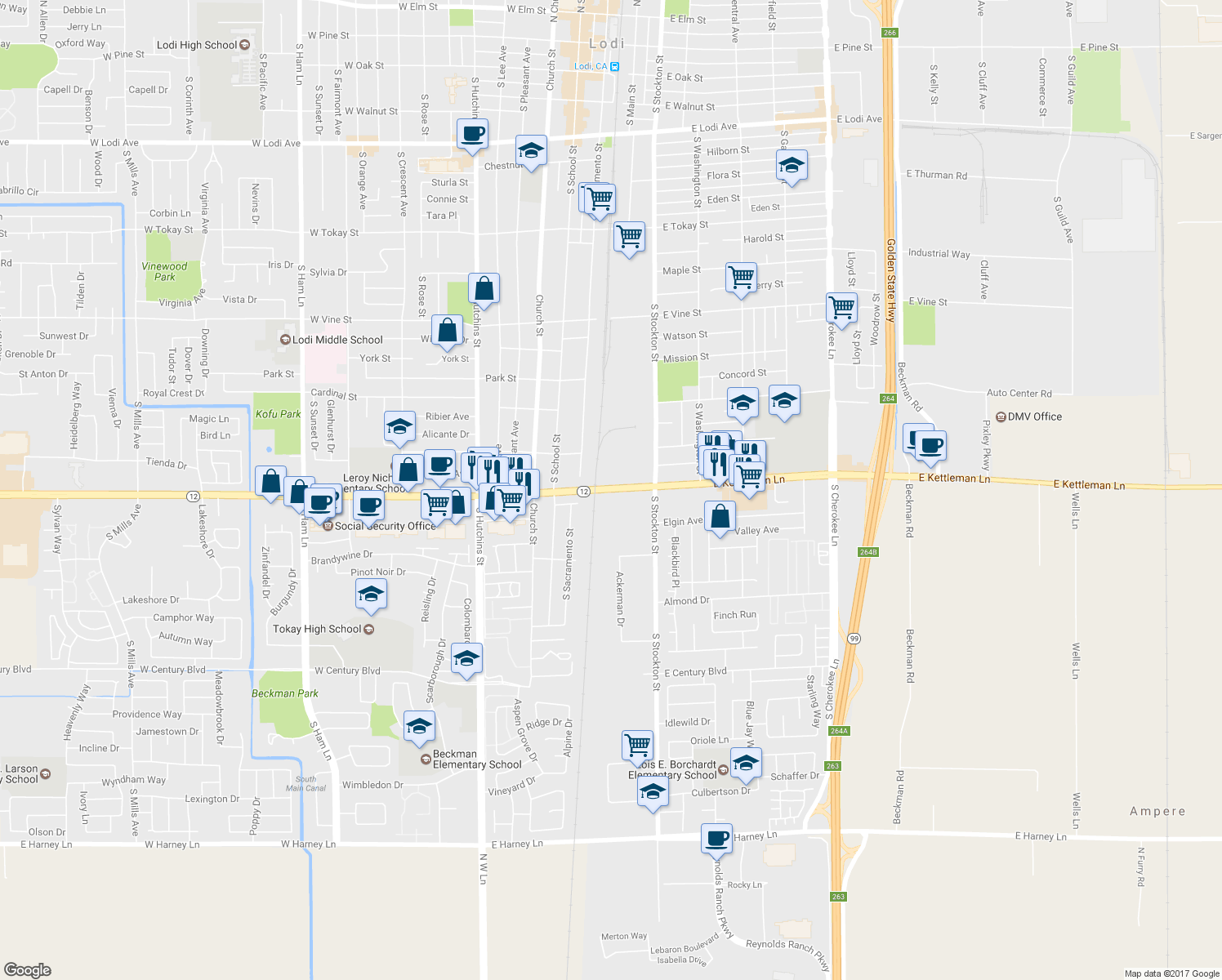 map of restaurants, bars, coffee shops, grocery stores, and more near 36 East Kettleman Lane in Lodi