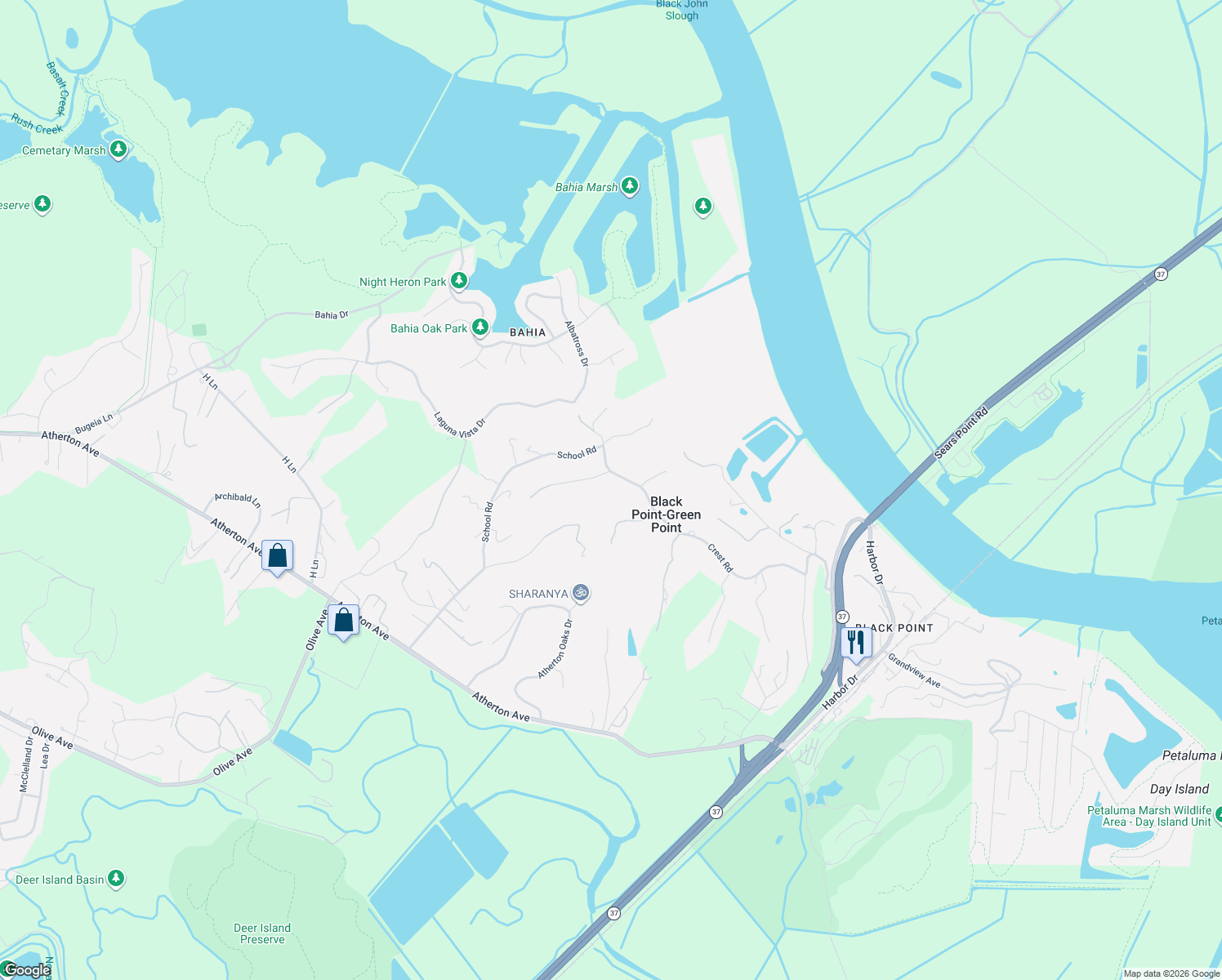map of restaurants, bars, coffee shops, grocery stores, and more near 280 Crest Road in Novato