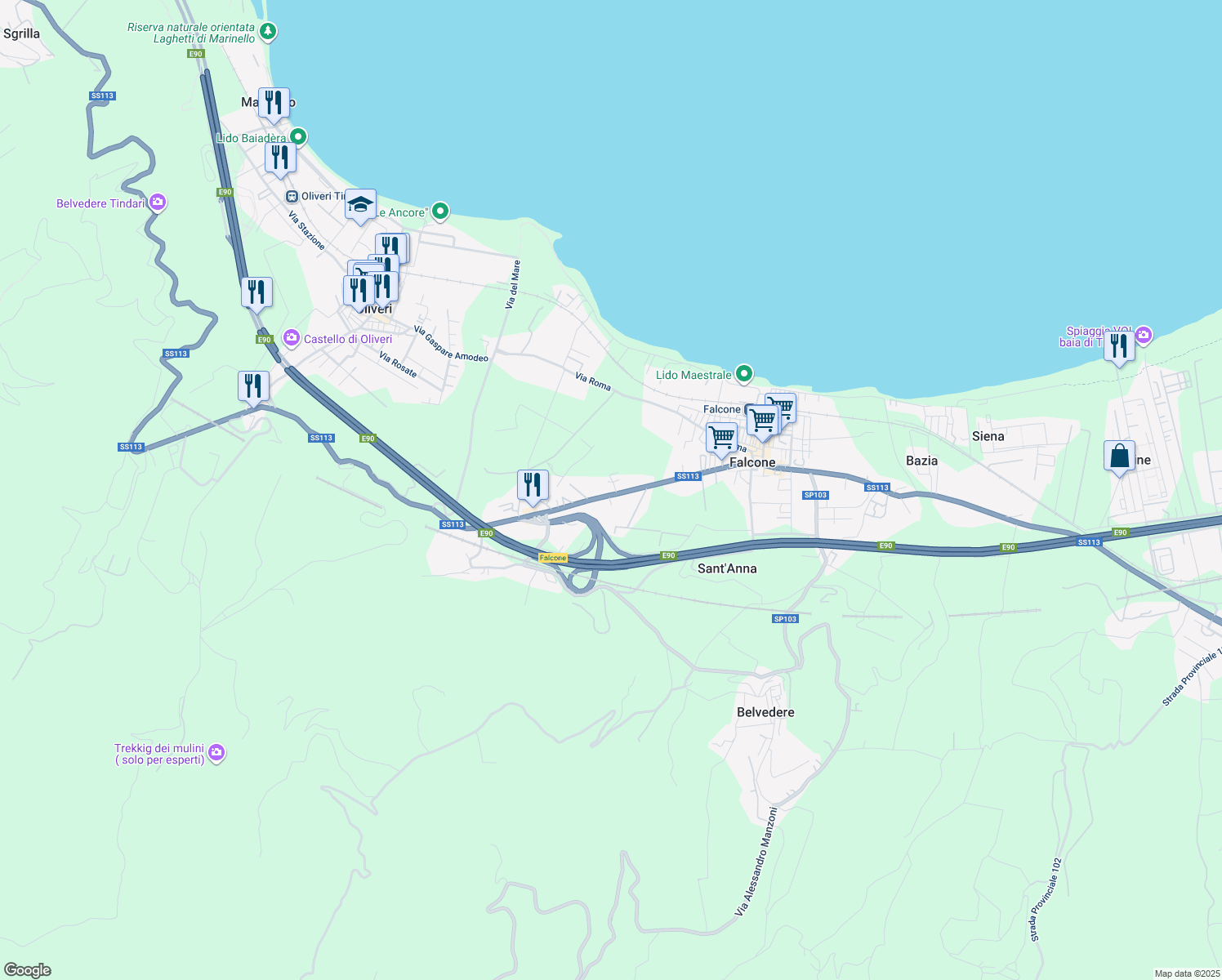 map of restaurants, bars, coffee shops, grocery stores, and more near 250A Via Nazionale in Falcone