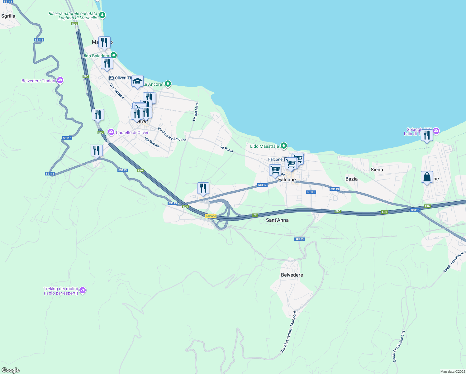 map of restaurants, bars, coffee shops, grocery stores, and more near 250A Via Nazionale in Falcone