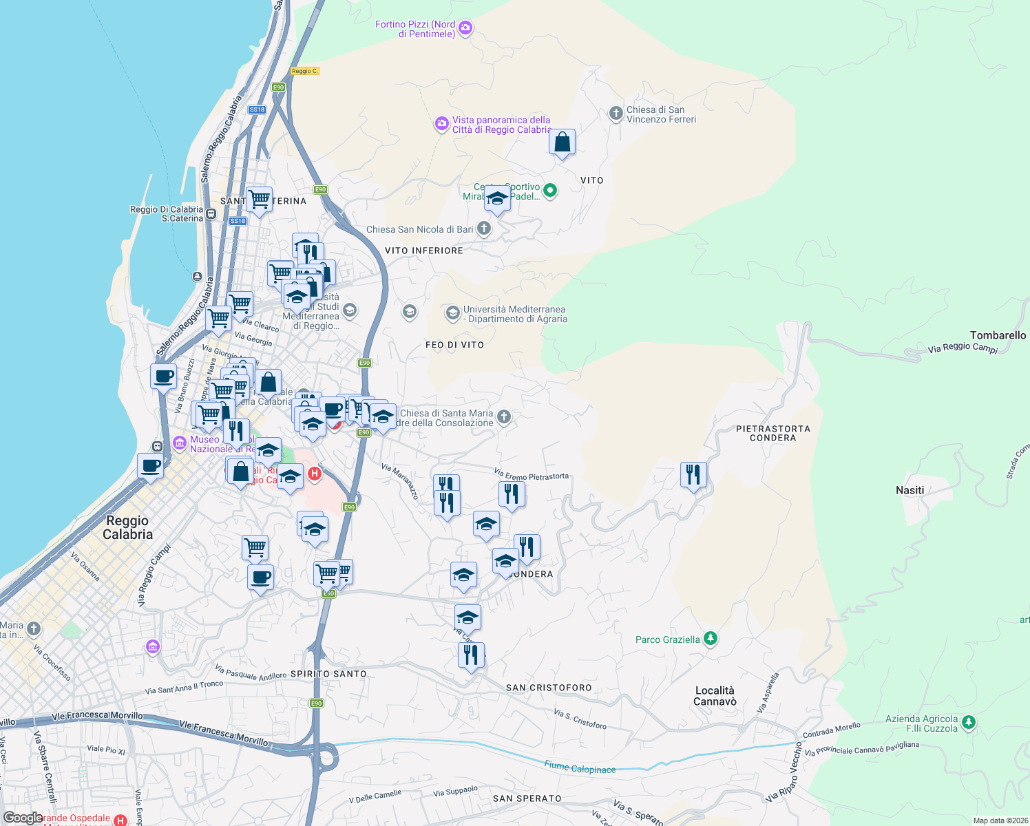 map of restaurants, bars, coffee shops, grocery stores, and more near 51 Via Antonio Caserta in Reggio Calabria