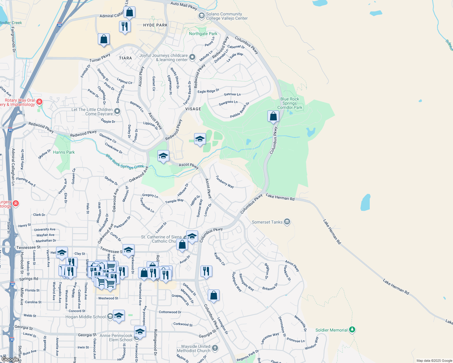 map of restaurants, bars, coffee shops, grocery stores, and more near 154 Turnberry Way in Vallejo
