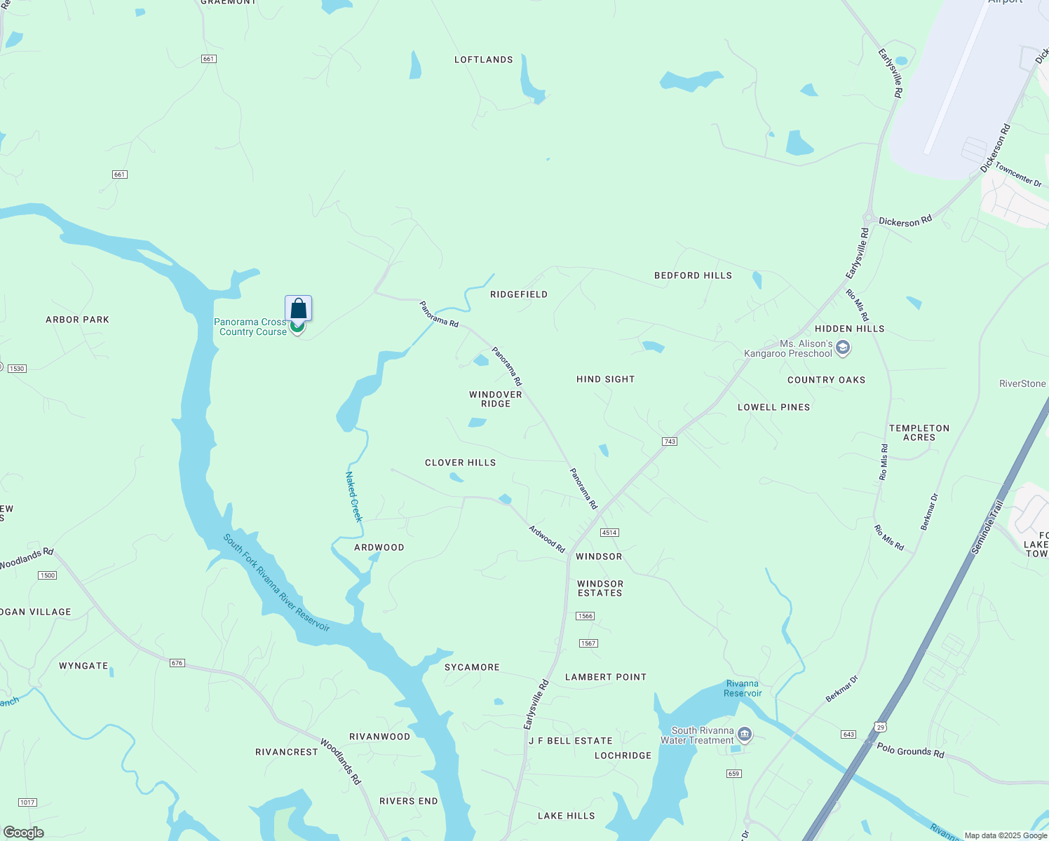 map of restaurants, bars, coffee shops, grocery stores, and more near 555 Panorama Rd in Earlysville