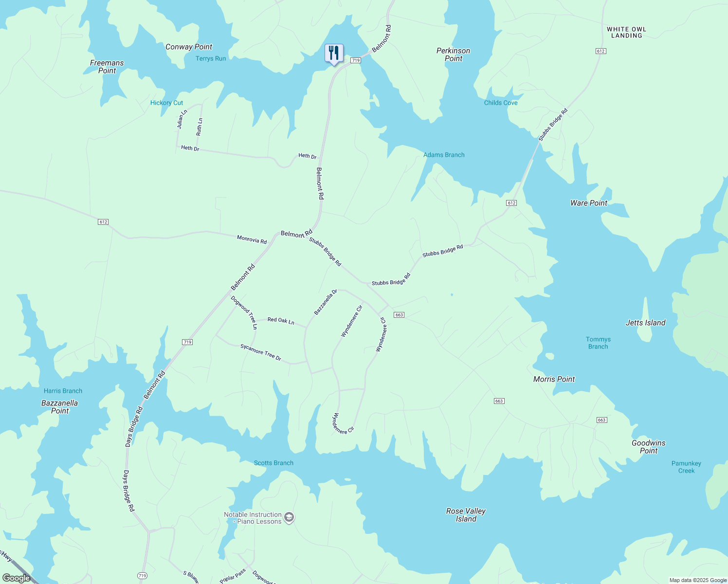 map of restaurants, bars, coffee shops, grocery stores, and more near 5704 Bazzanella Drive in Mineral