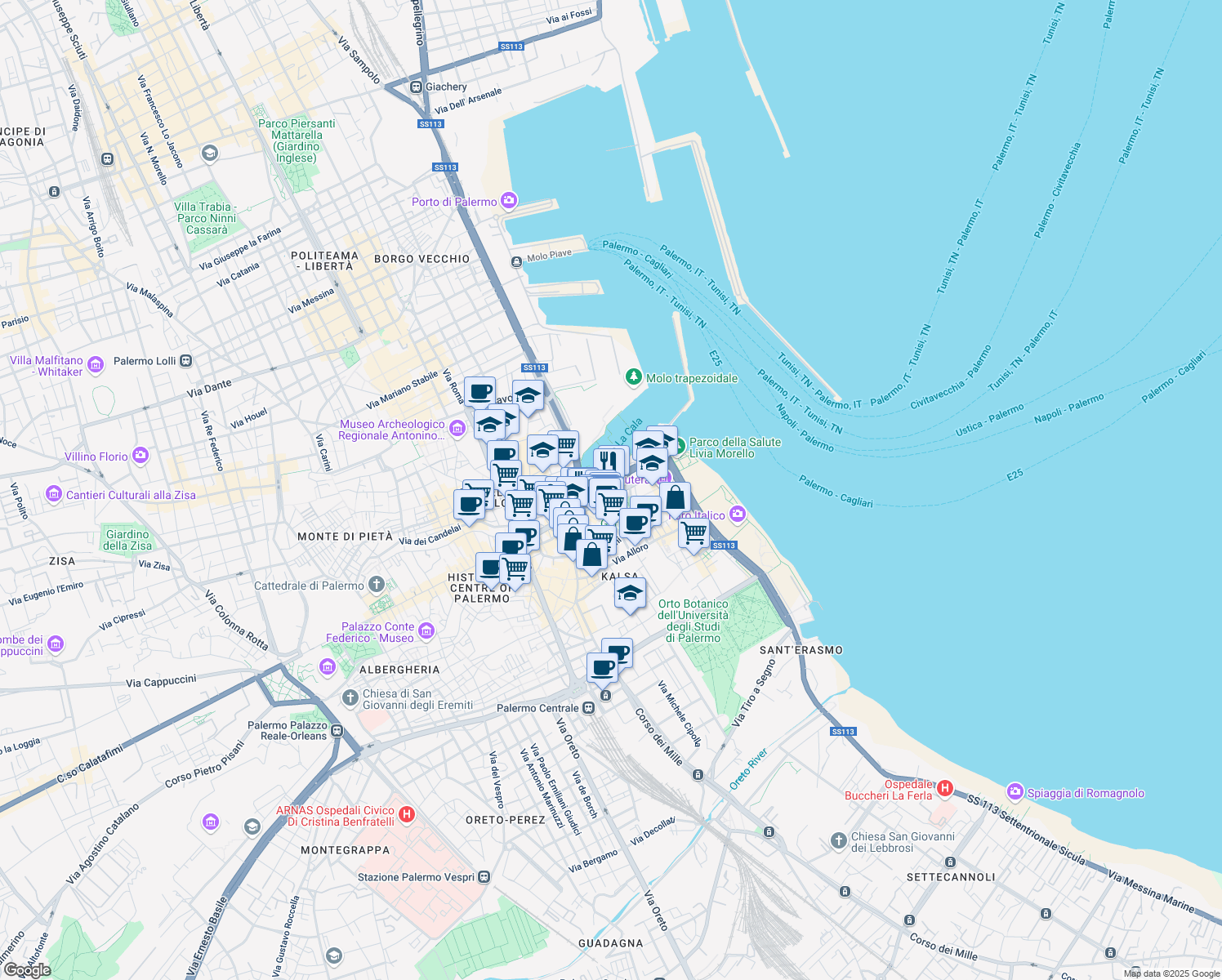 map of restaurants, bars, coffee shops, grocery stores, and more near 60 Via Cala in Palermo