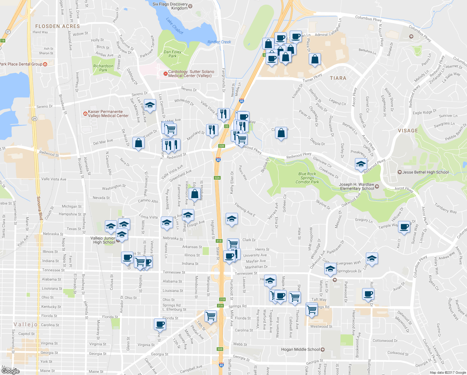 map of restaurants, bars, coffee shops, grocery stores, and more near 160 Kathy Ellen Drive in Vallejo