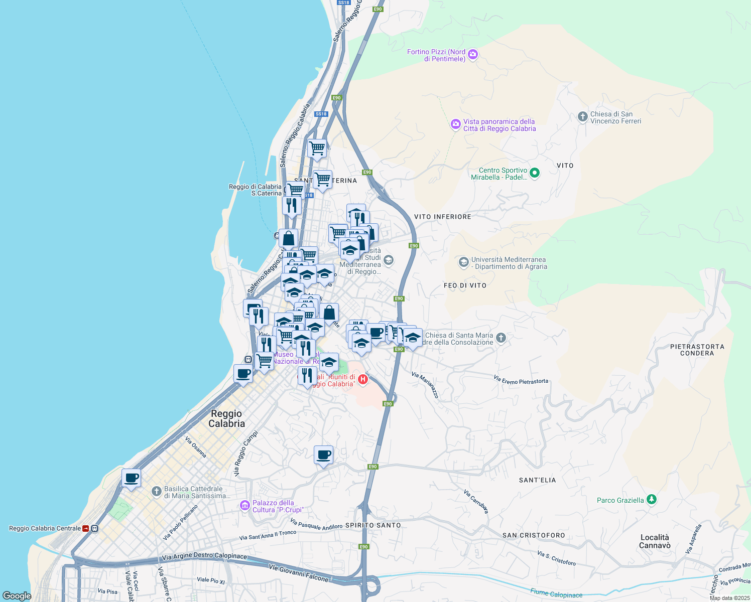 map of restaurants, bars, coffee shops, grocery stores, and more near Salita Zerbi in Reggio Calabria