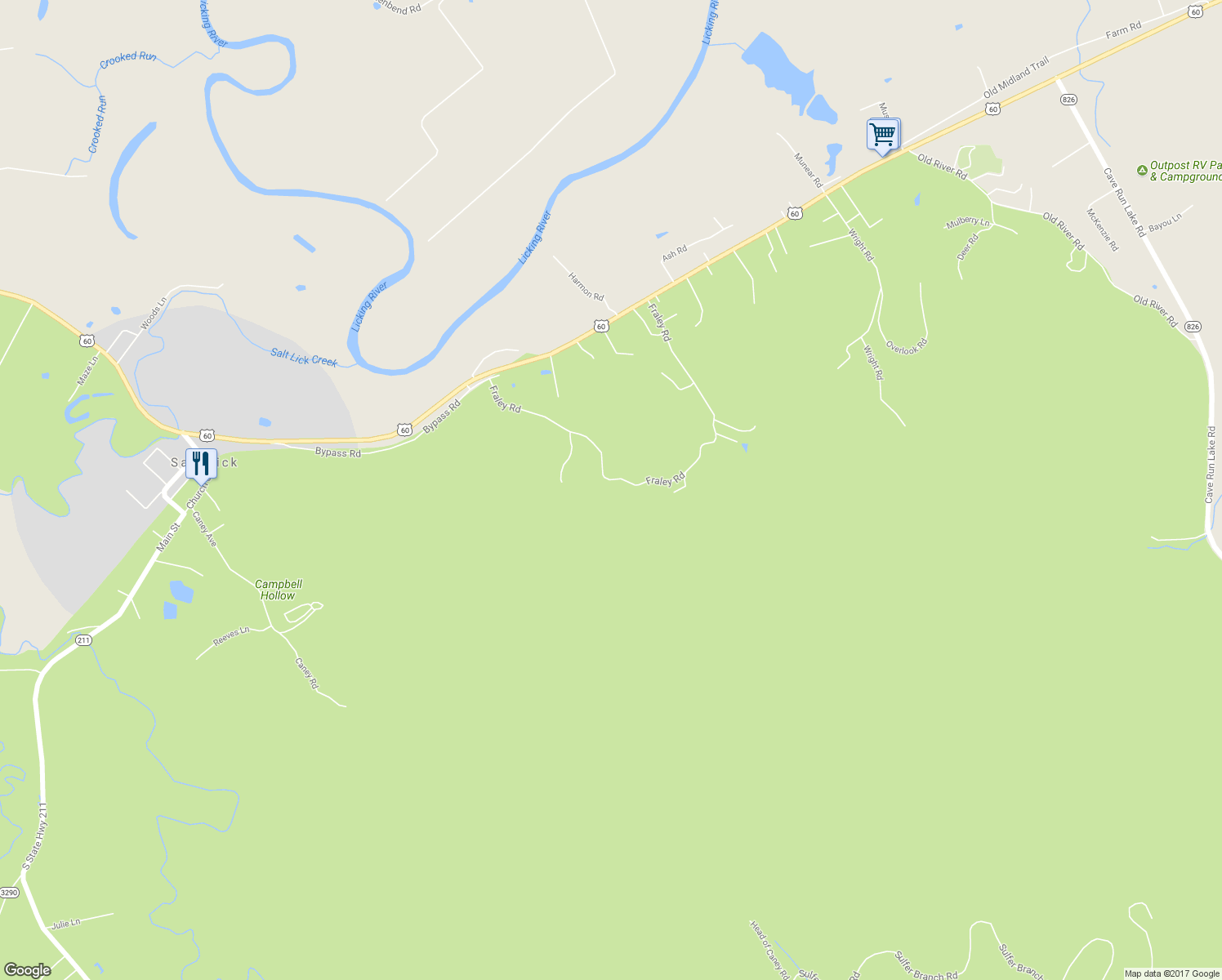 map of restaurants, bars, coffee shops, grocery stores, and more near 867 Fraley Road in Salt Lick