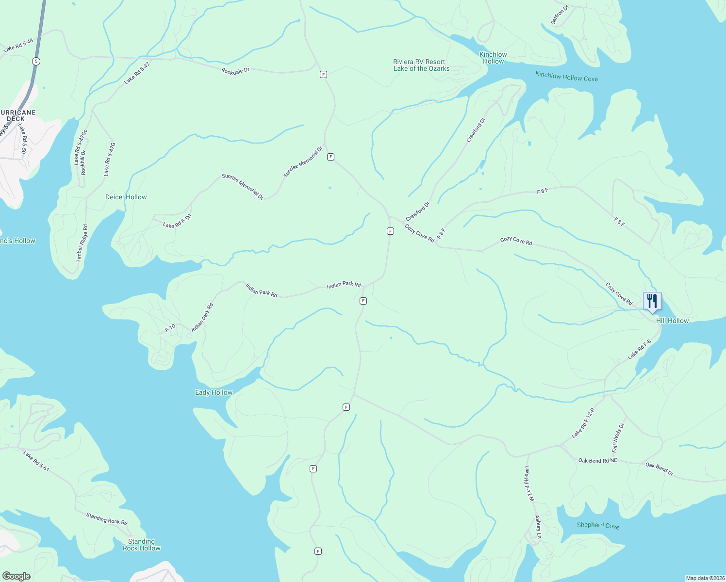 map of restaurants, bars, coffee shops, grocery stores, and more near State Highway F in Sunrise Beach