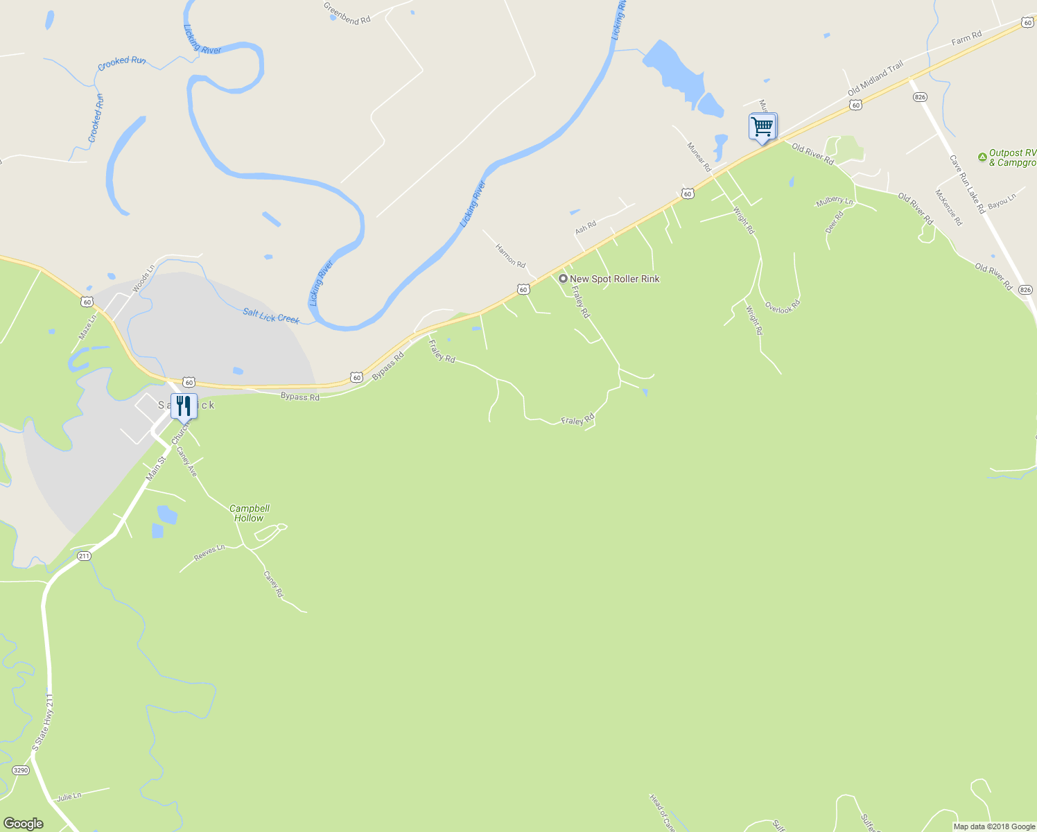 map of restaurants, bars, coffee shops, grocery stores, and more near 867 Fraley Road in Salt Lick