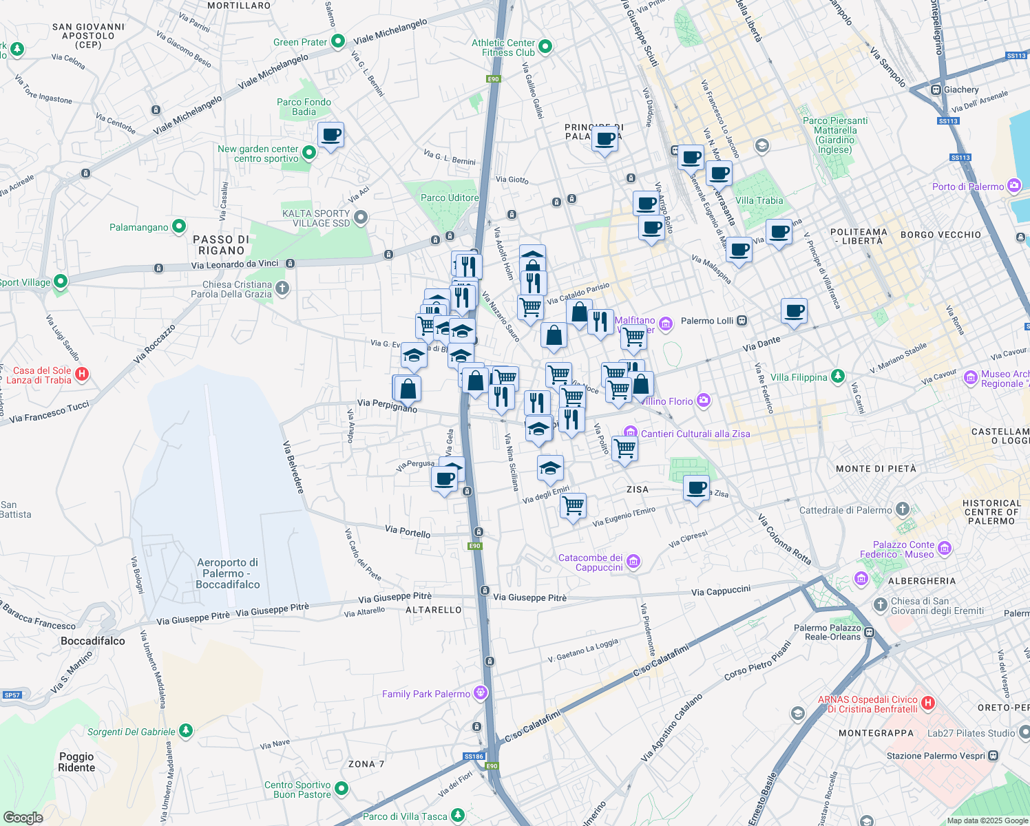 map of restaurants, bars, coffee shops, grocery stores, and more near 63 Via Ruggerone da Palermo in Palermo