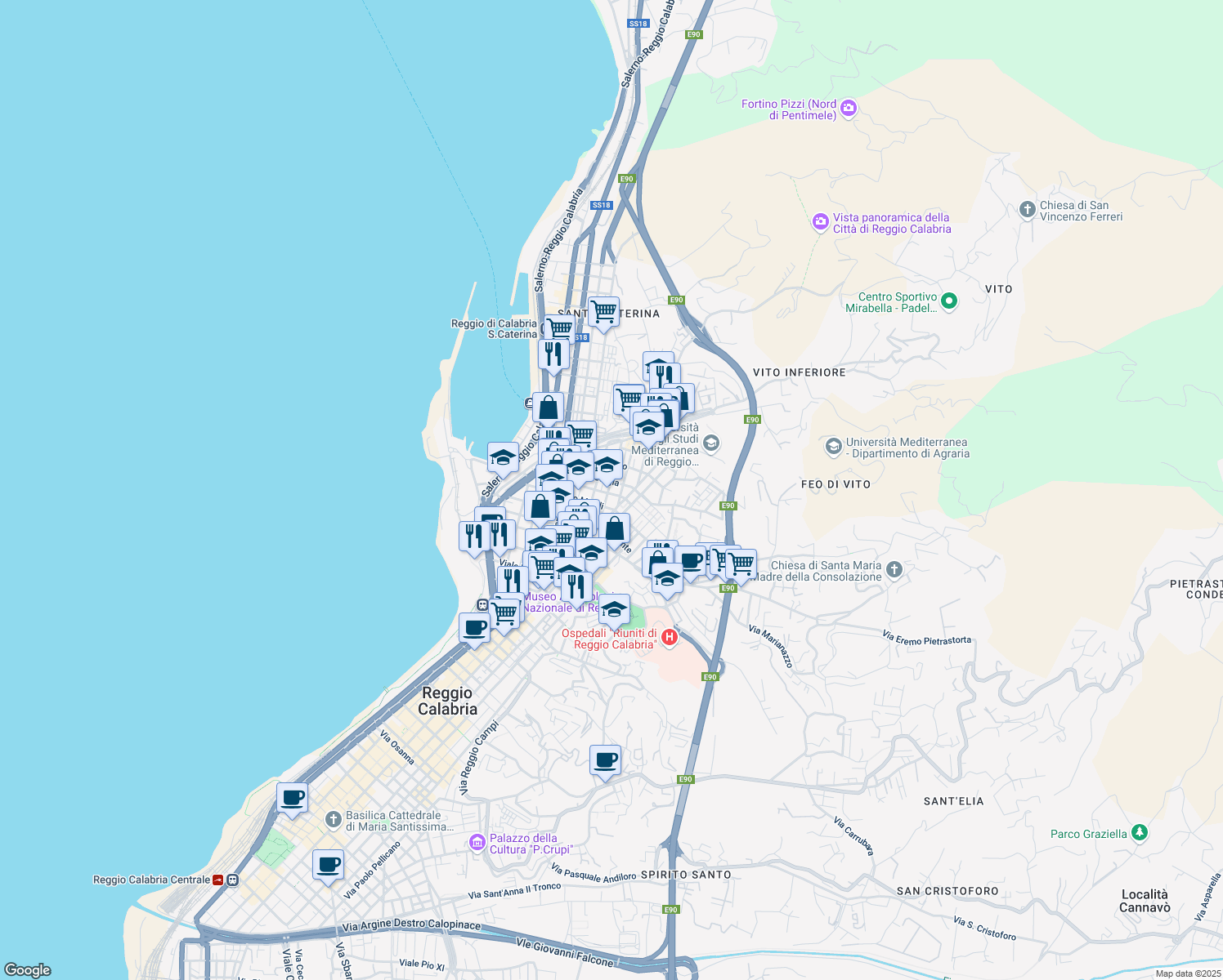 map of restaurants, bars, coffee shops, grocery stores, and more near 5 Via Pensilvania in Reggio Calabria