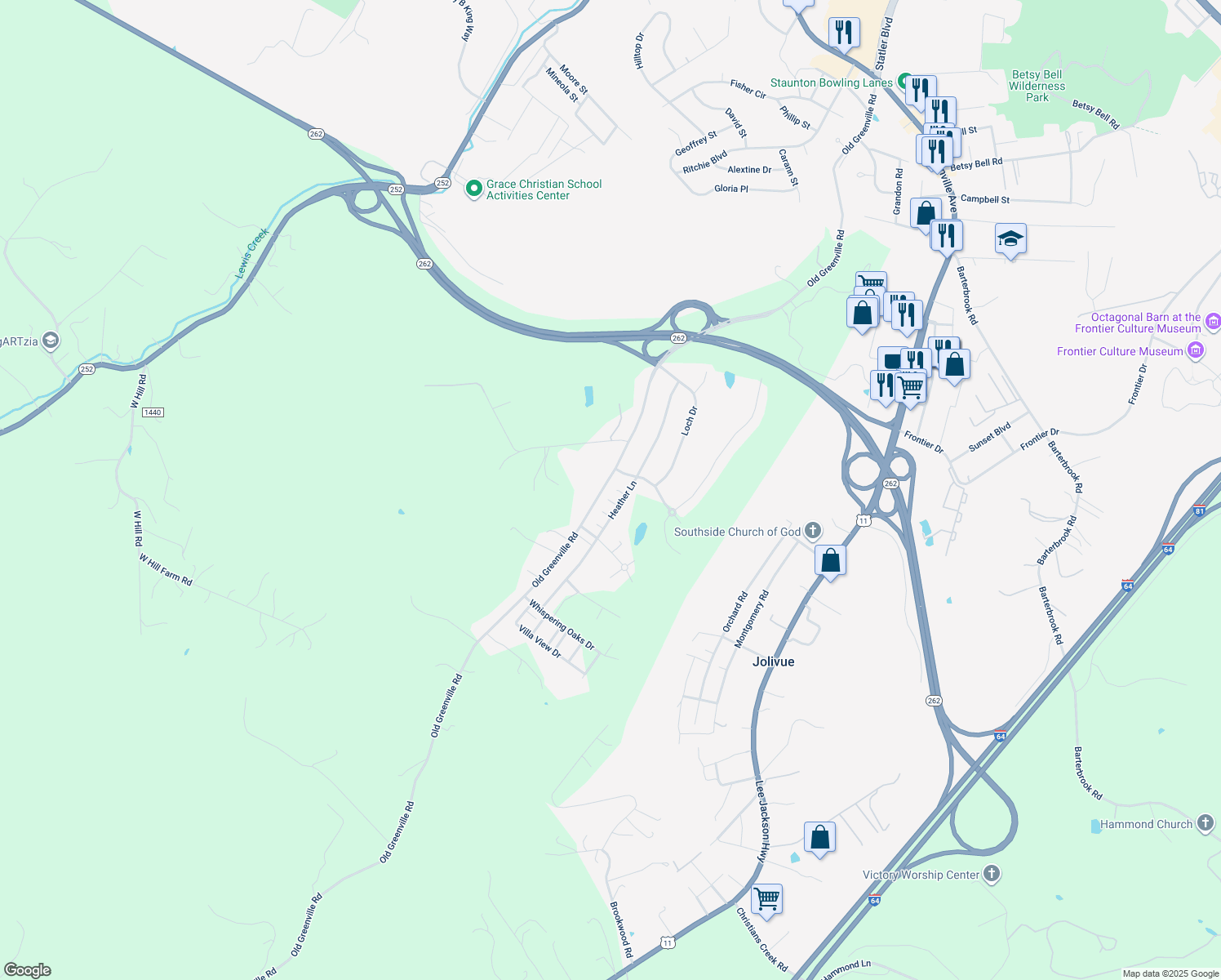map of restaurants, bars, coffee shops, grocery stores, and more near 149 Heather Lane in Staunton