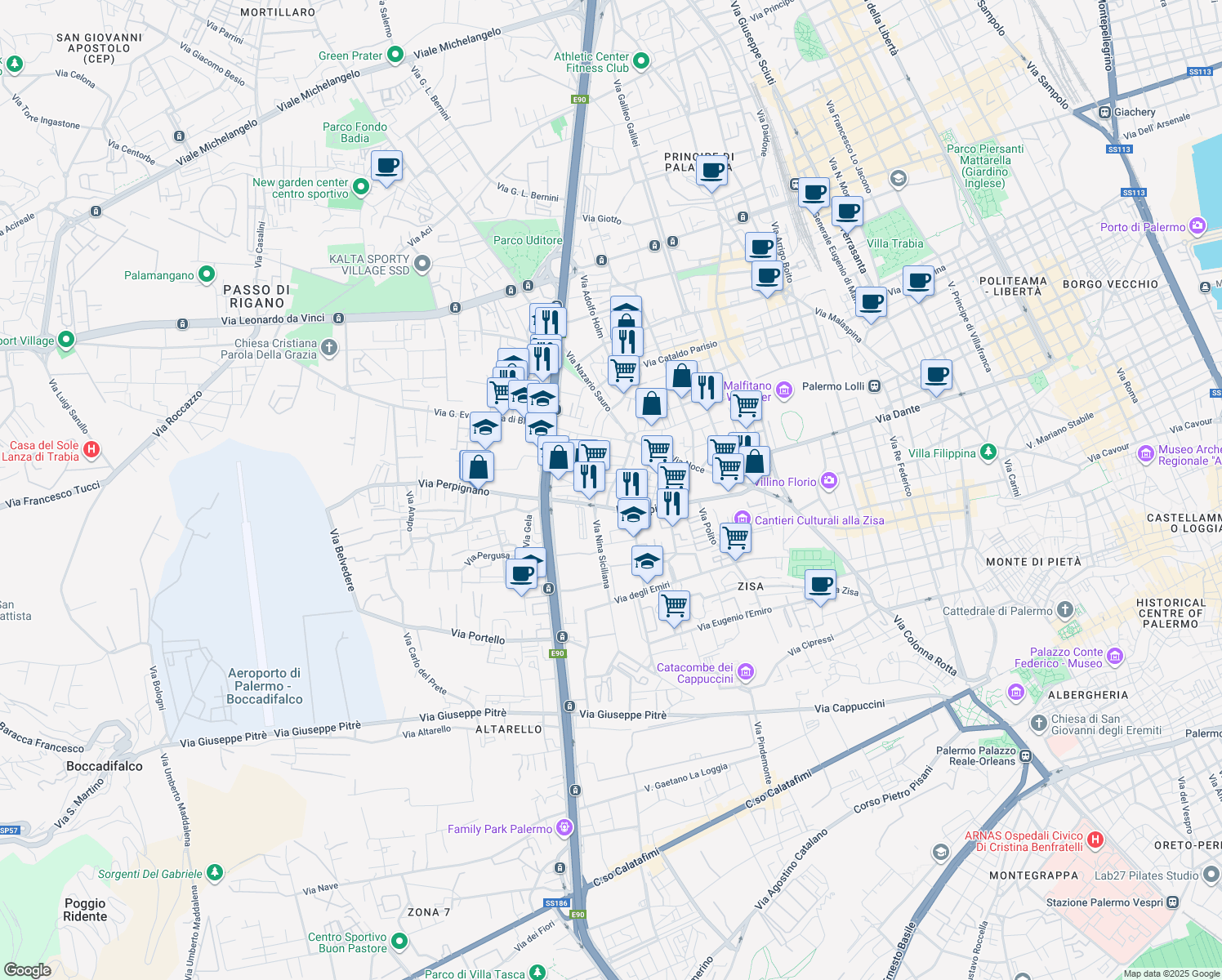 map of restaurants, bars, coffee shops, grocery stores, and more near 63 Via Ruggerone da Palermo in Palermo
