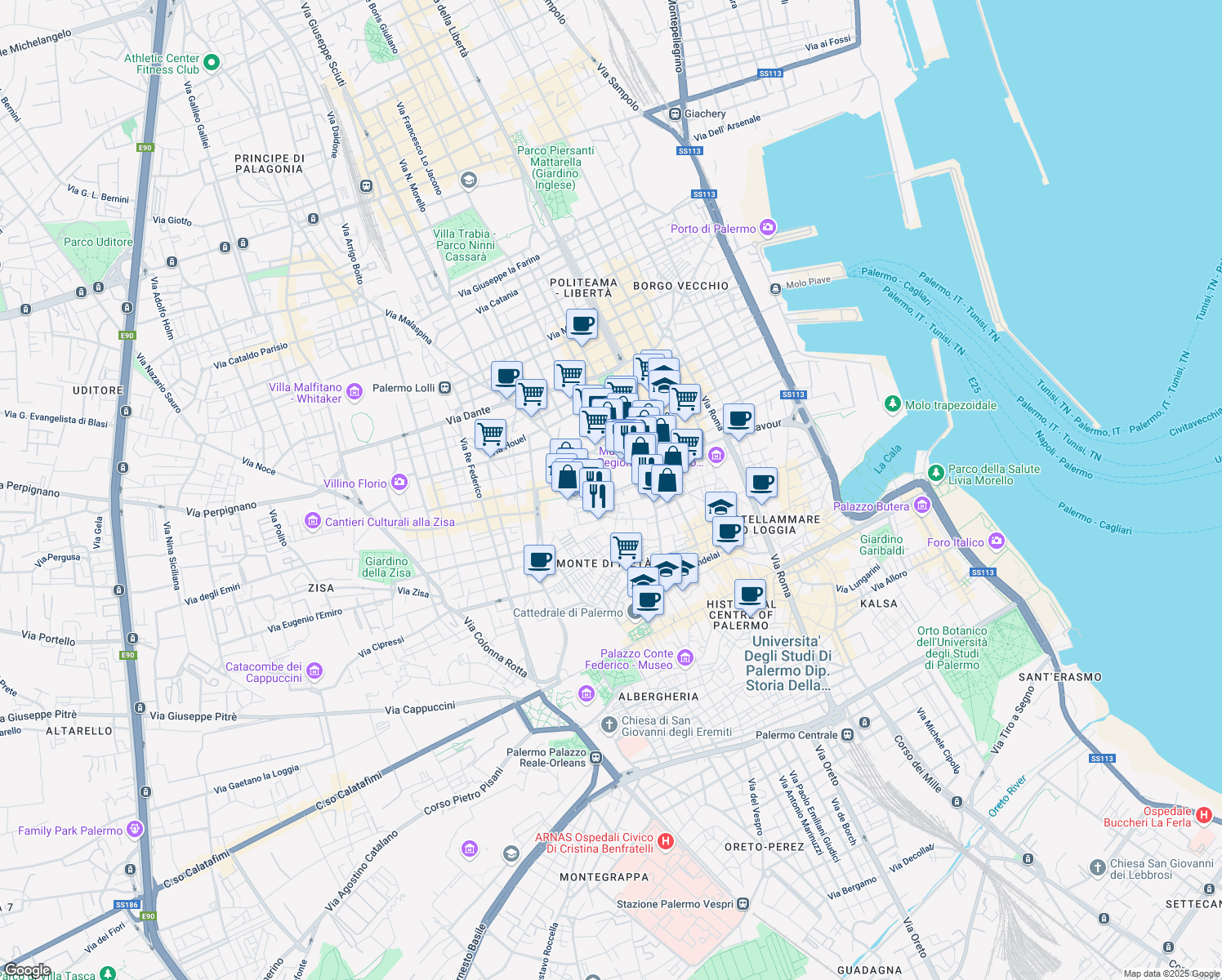 map of restaurants, bars, coffee shops, grocery stores, and more near 39 Via Volturno in Palermo