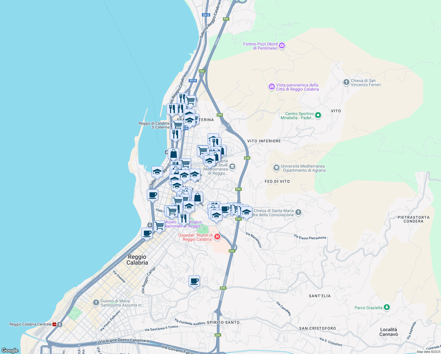 map of restaurants, bars, coffee shops, grocery stores, and more near 14 Via Tremulini in Reggio Calabria