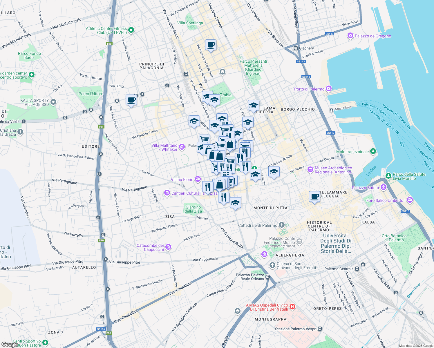 map of restaurants, bars, coffee shops, grocery stores, and more near 8 Via Villa Florio in Palermo