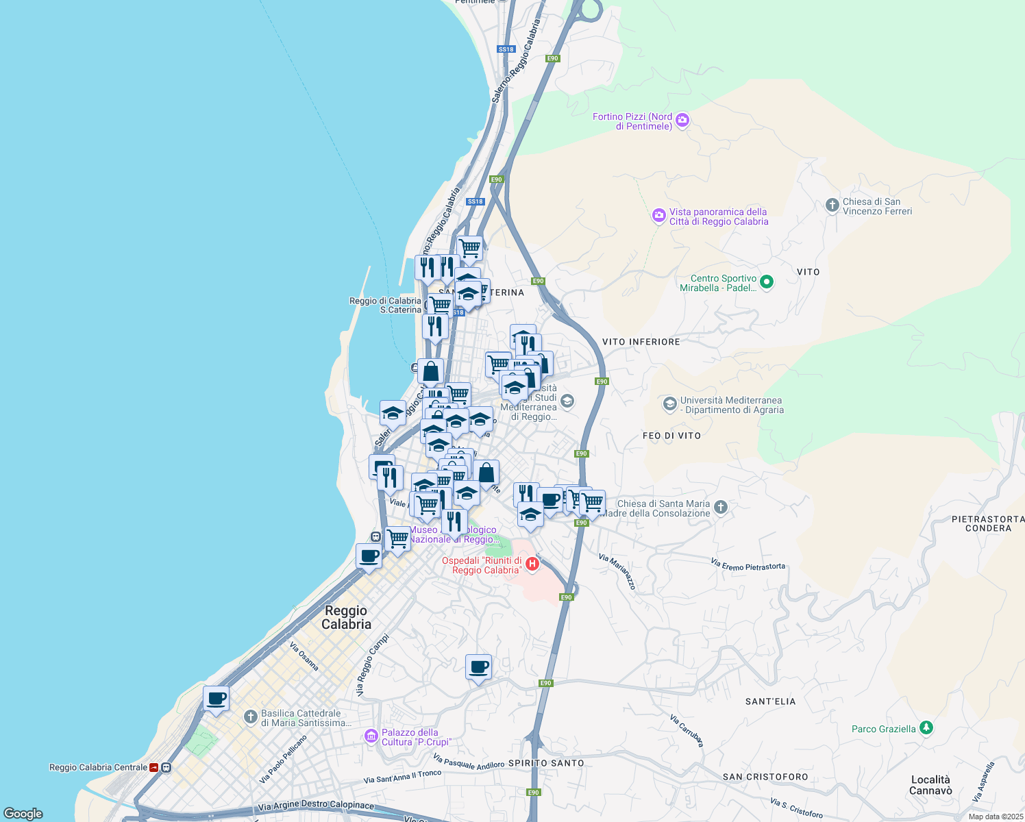 map of restaurants, bars, coffee shops, grocery stores, and more near 14 Via Tremulini in Reggio Calabria