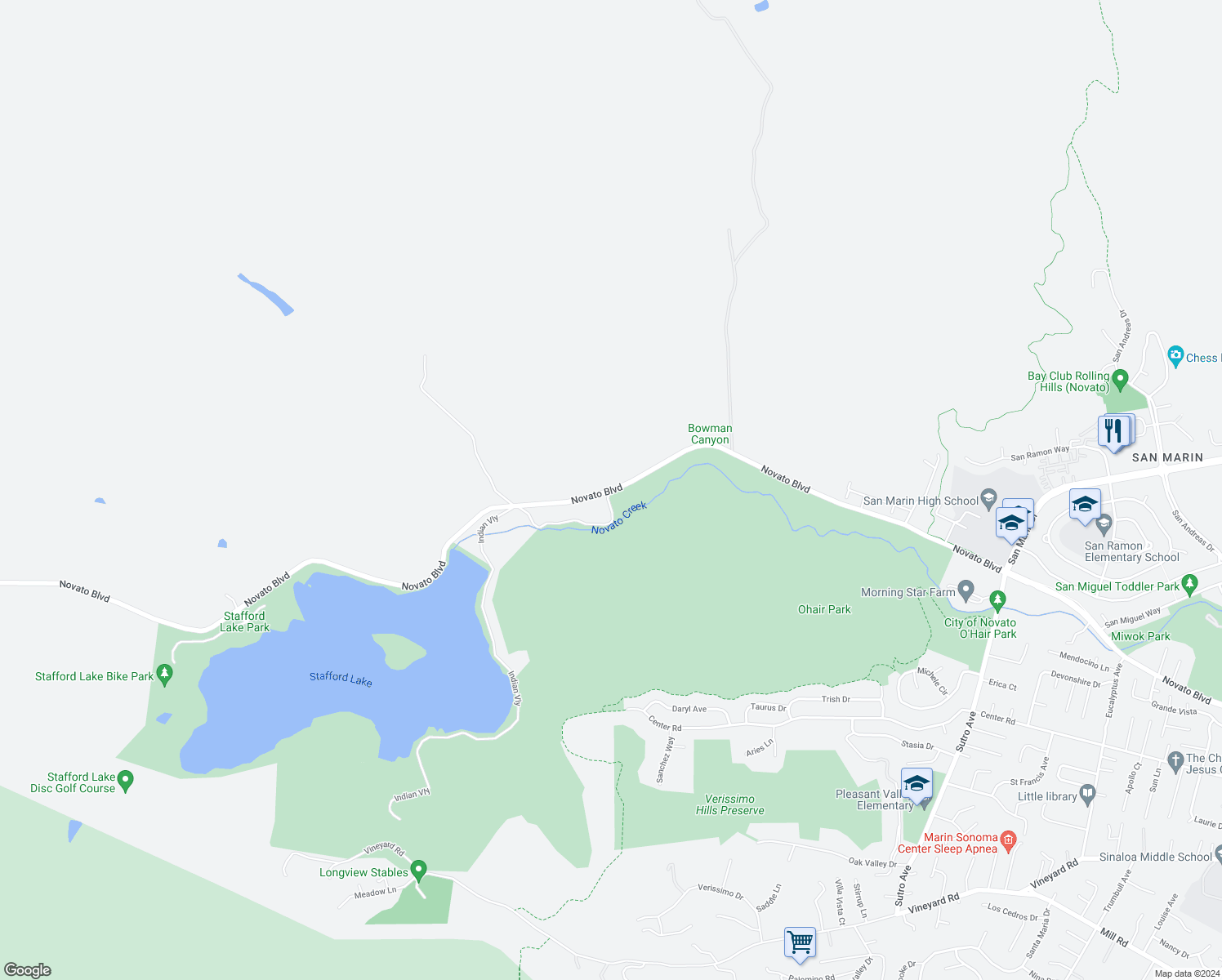 map of restaurants, bars, coffee shops, grocery stores, and more near 3148 Novato Boulevard in Novato