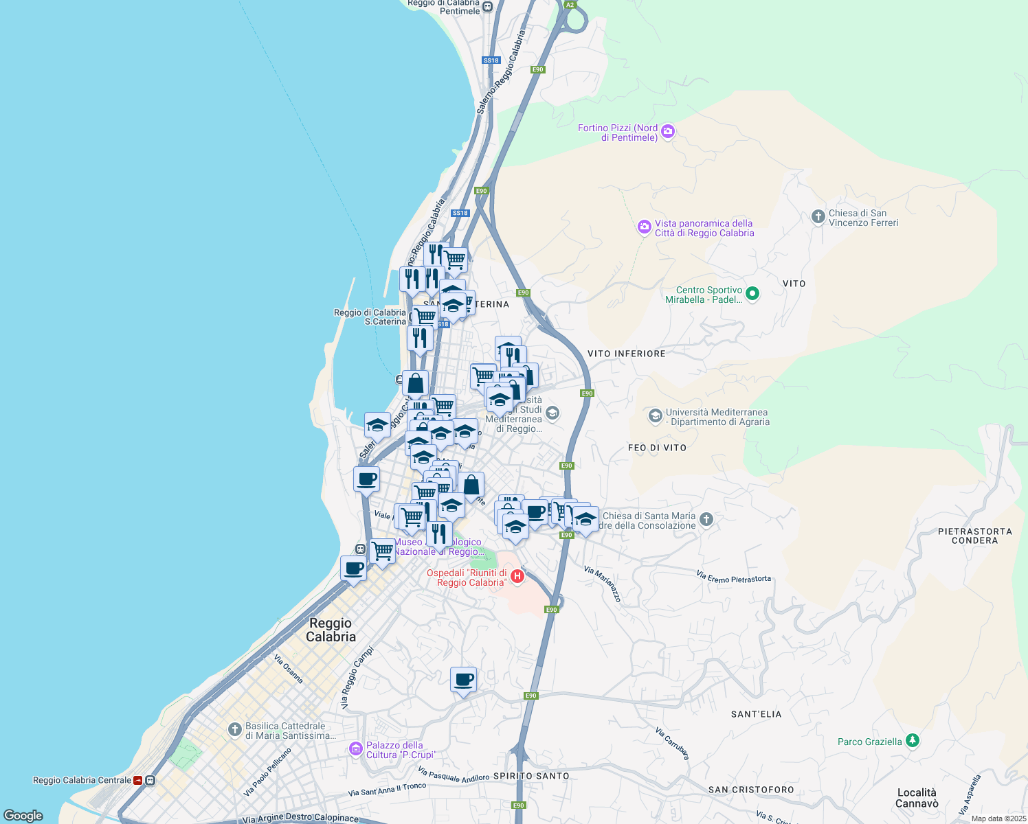 map of restaurants, bars, coffee shops, grocery stores, and more near 14 Via dei Tre Mulini in Reggio Calabria