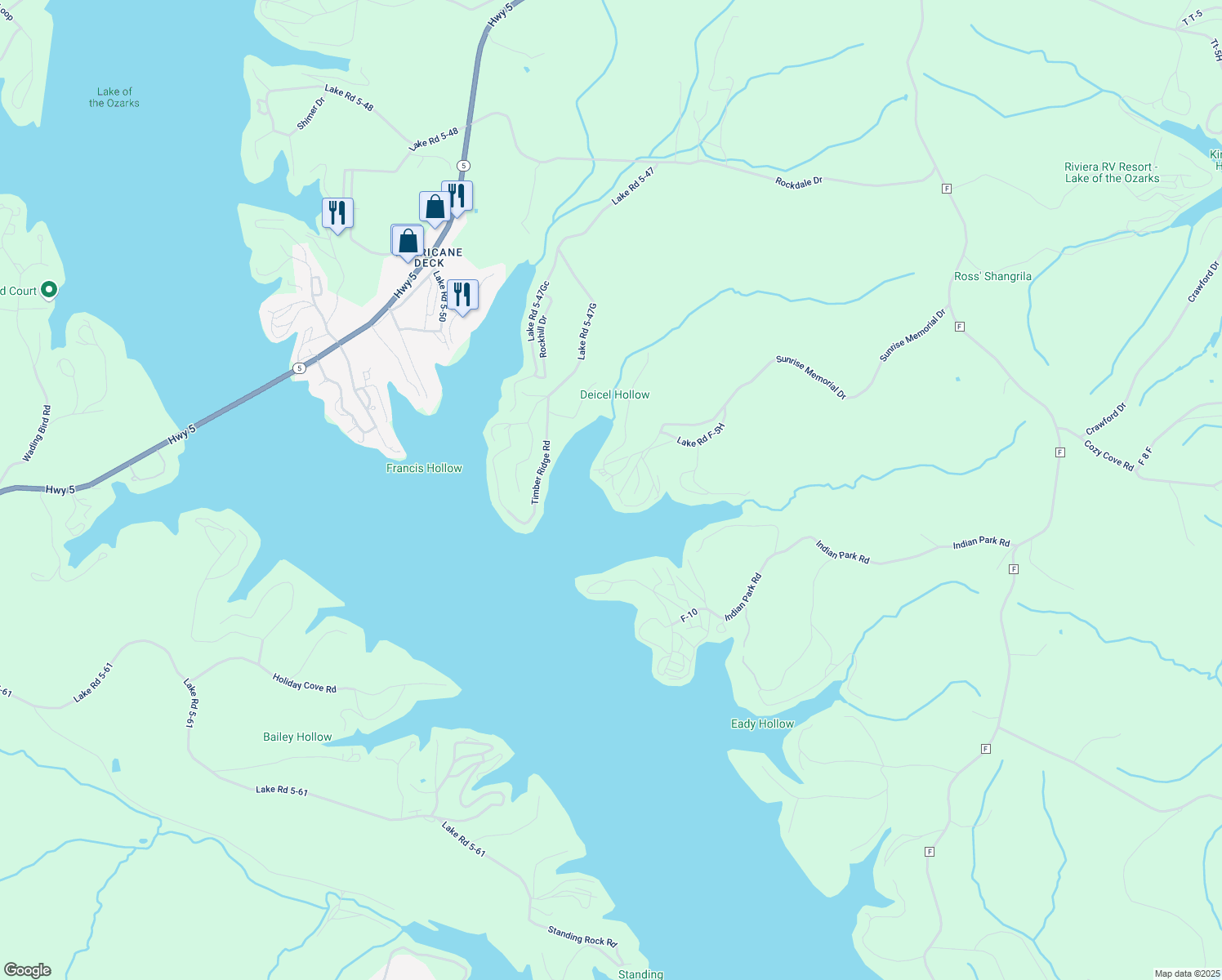 map of restaurants, bars, coffee shops, grocery stores, and more near Lake Road F-5 in Sunrise Beach