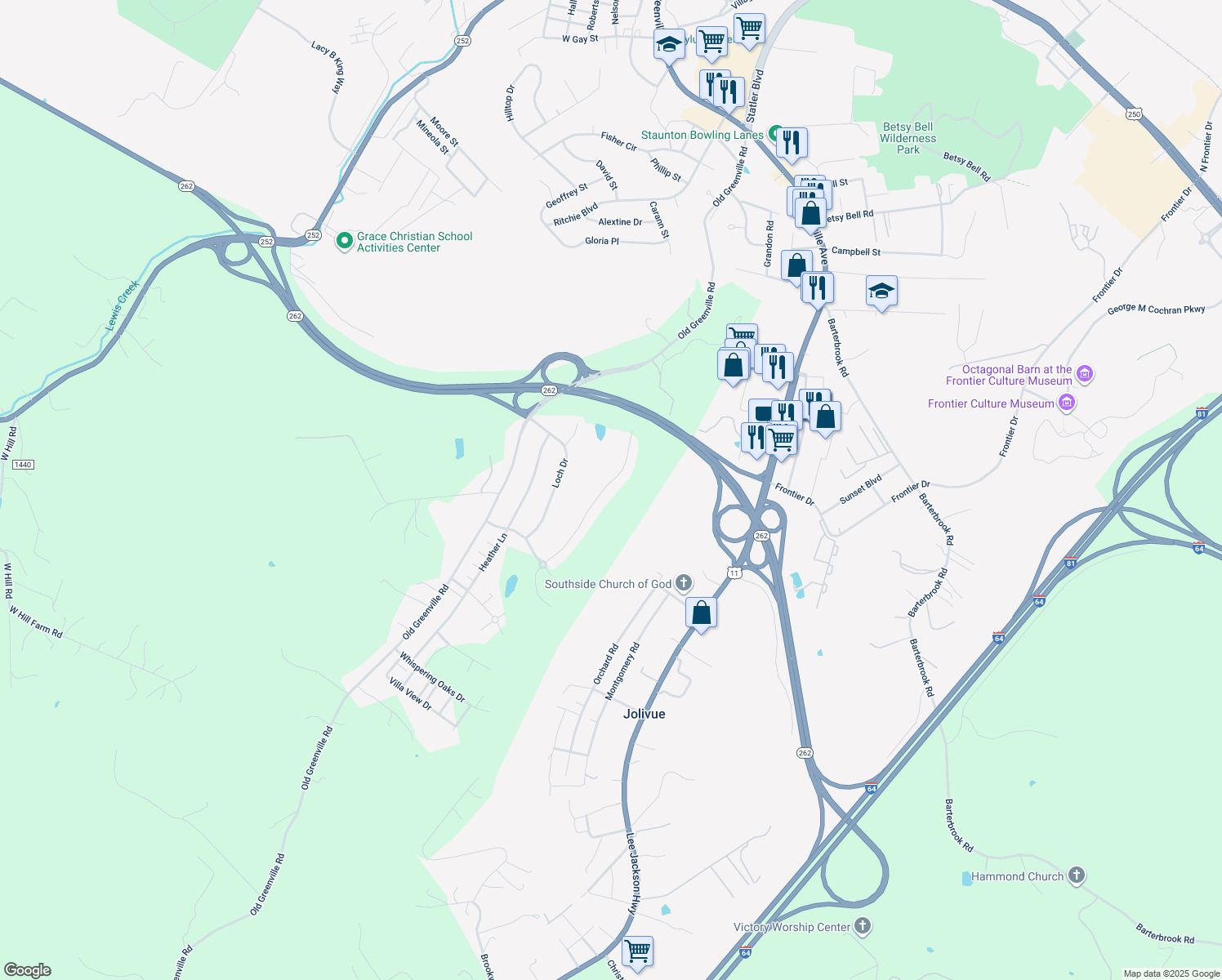 map of restaurants, bars, coffee shops, grocery stores, and more near 114 Fairfield Drive in Staunton