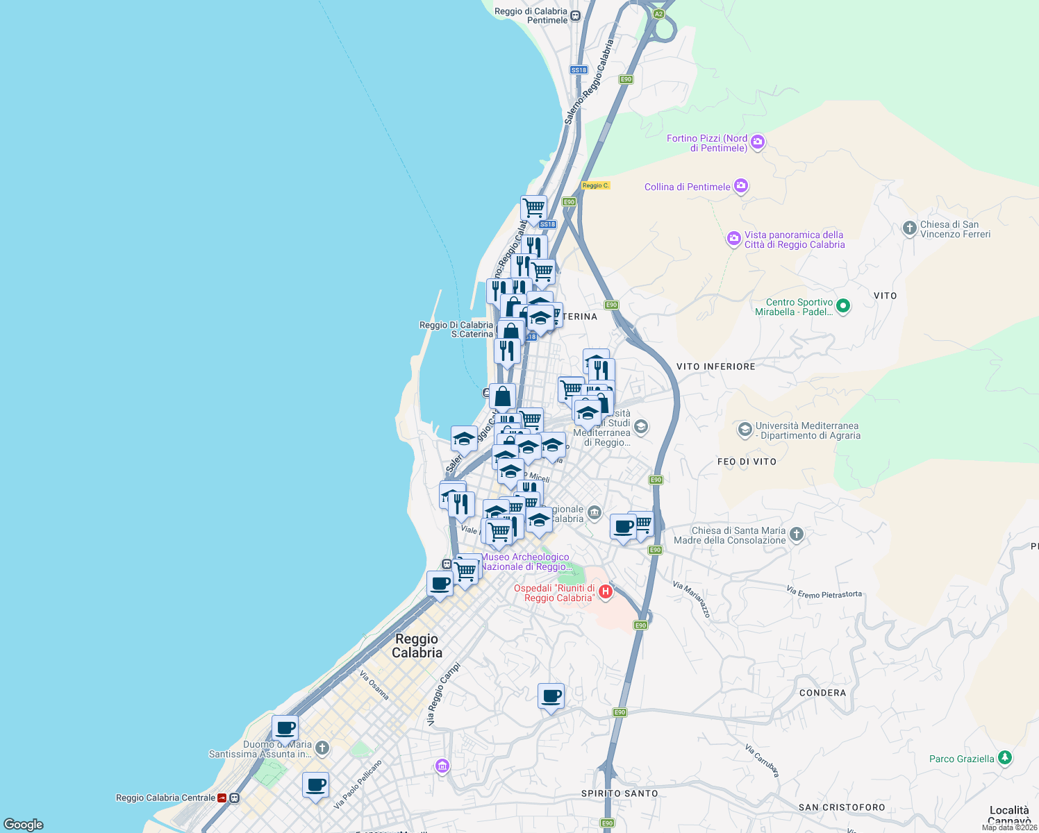map of restaurants, bars, coffee shops, grocery stores, and more near 79 Via Italia in Reggio Calabria
