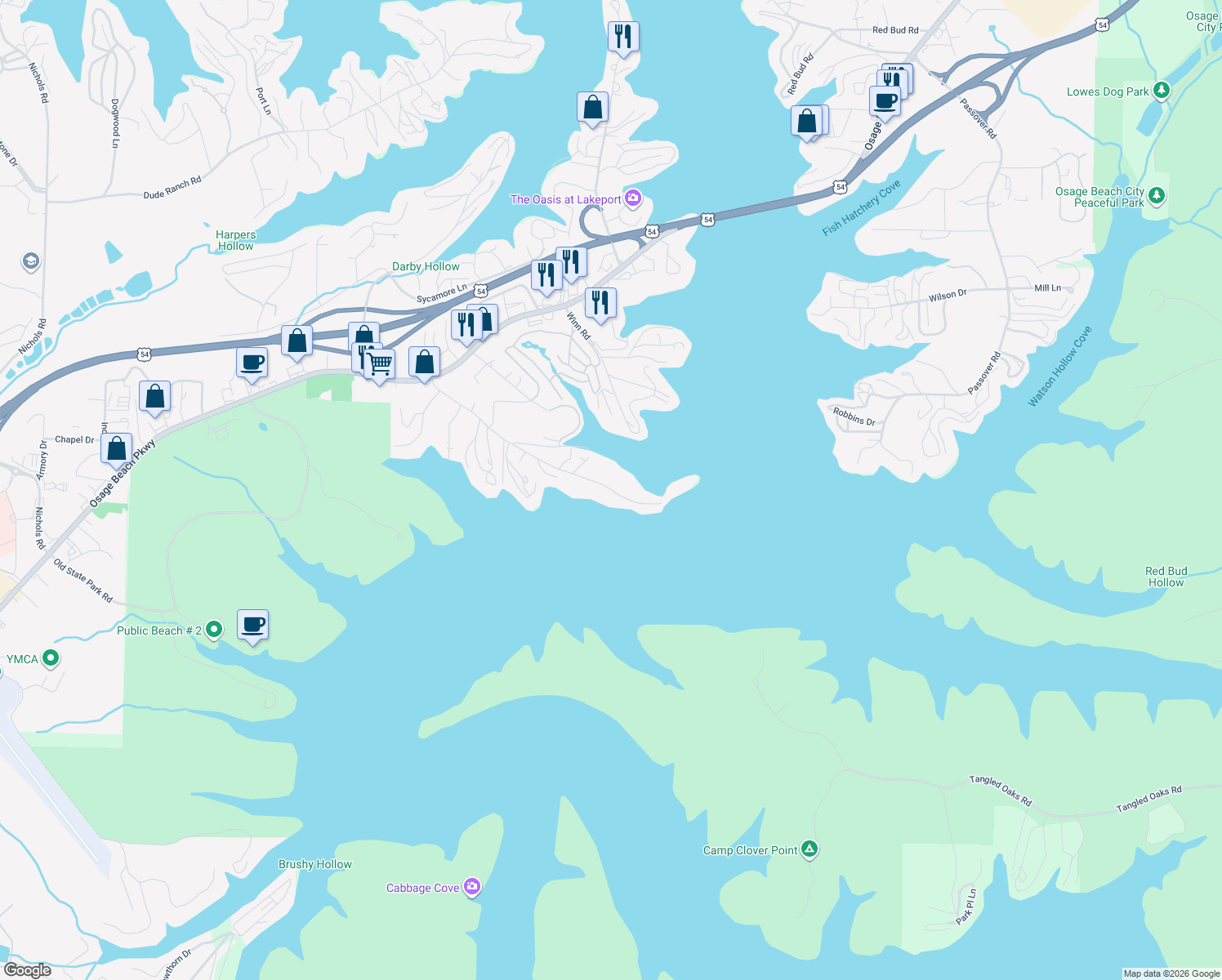 map of restaurants, bars, coffee shops, grocery stores, and more near 819 Malibu Road in Osage Beach