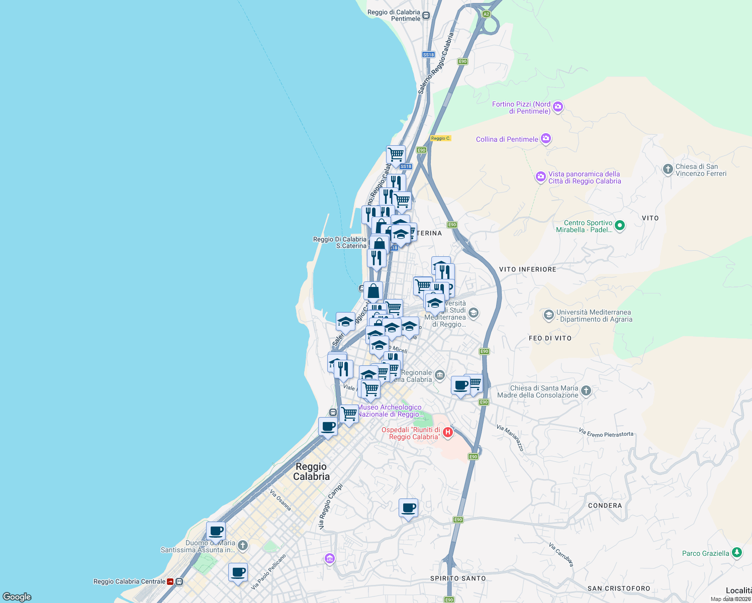 map of restaurants, bars, coffee shops, grocery stores, and more near 79 Via Italia in Reggio Calabria