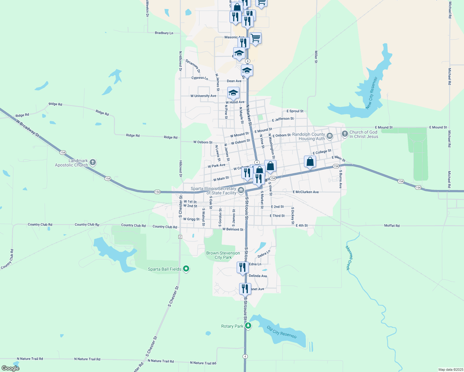 map of restaurants, bars, coffee shops, grocery stores, and more near 301 West Broadway Street in Sparta