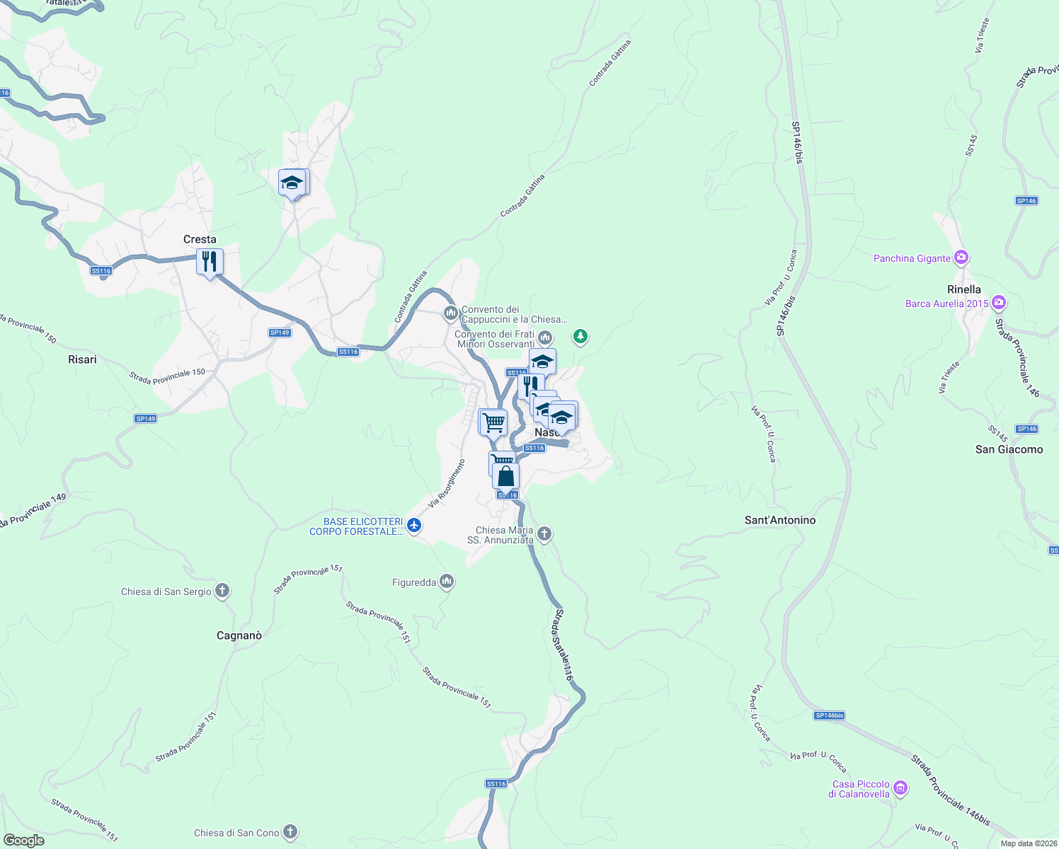 map of restaurants, bars, coffee shops, grocery stores, and more near 18 Via Francesco Riso in Naso