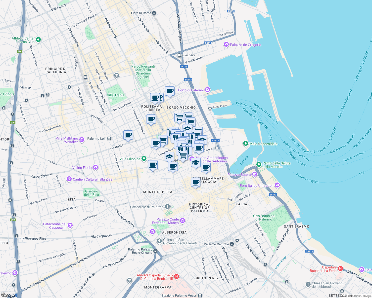 map of restaurants, bars, coffee shops, grocery stores, and more near Via Rosolino Pilo in Palermo