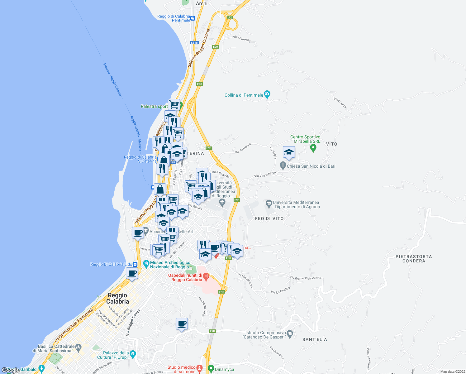 map of restaurants, bars, coffee shops, grocery stores, and more near 7 Via Antonio Nicola Manfroce in Reggio Calabria