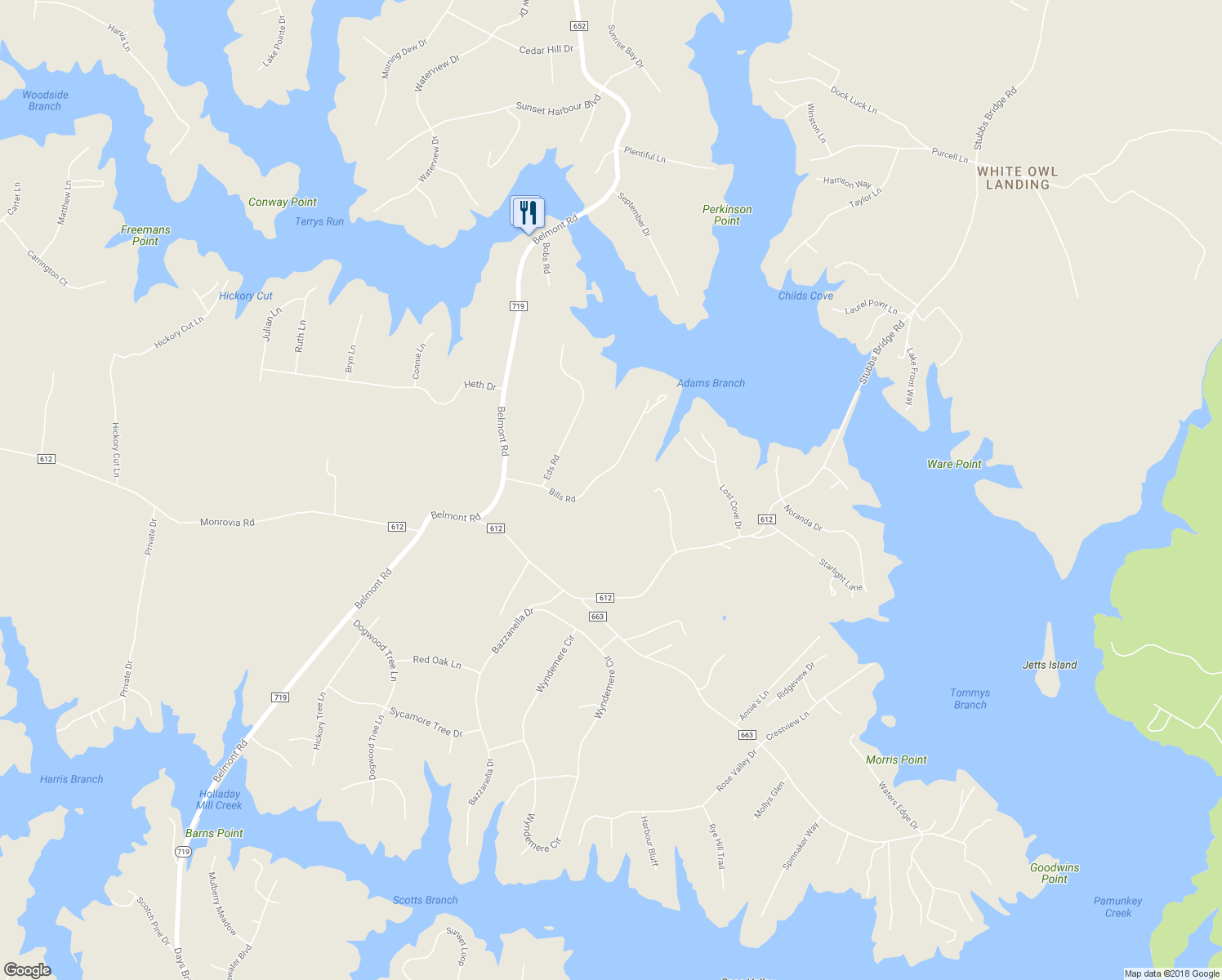 map of restaurants, bars, coffee shops, grocery stores, and more near 6109 Bills Road in Mineral