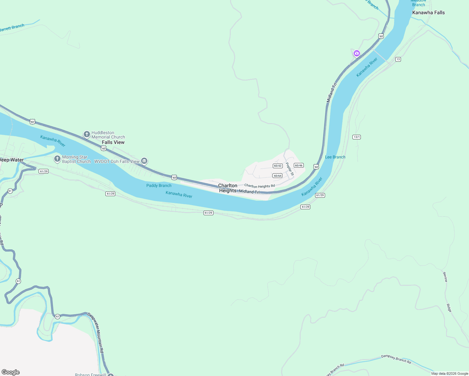map of restaurants, bars, coffee shops, grocery stores, and more near 77-99 Charlton Heights in Kanawha Falls