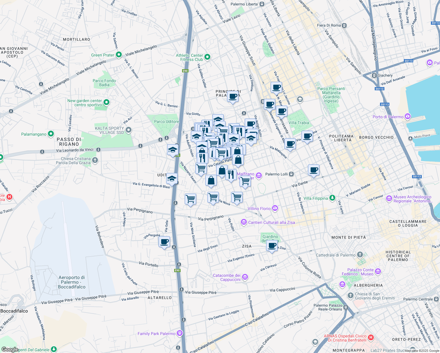 map of restaurants, bars, coffee shops, grocery stores, and more near 109 Via Tommaso Aversa in Palermo